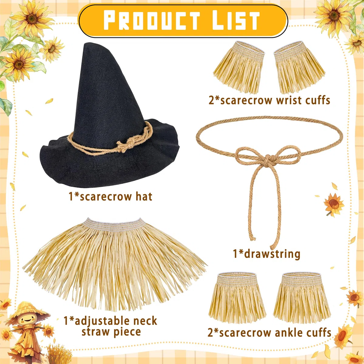 Horolam 7 Pezzi Accessori per Costume Da Spaventapasseri, Costume Da Mago Spaventapasseri Con Cappello per Adulti Donne Uomini per Halloween Cosplay Travestimento