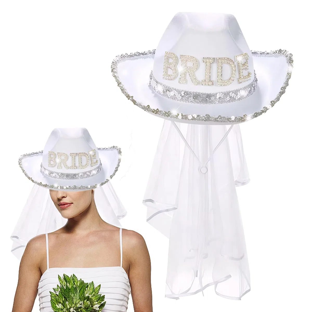 Cappello da cowgirl da sposa con velo Cappello da sposa glitterato da cowgirl bianco con sottogola regolabile Cowboy per addio al nubilato, decorazione