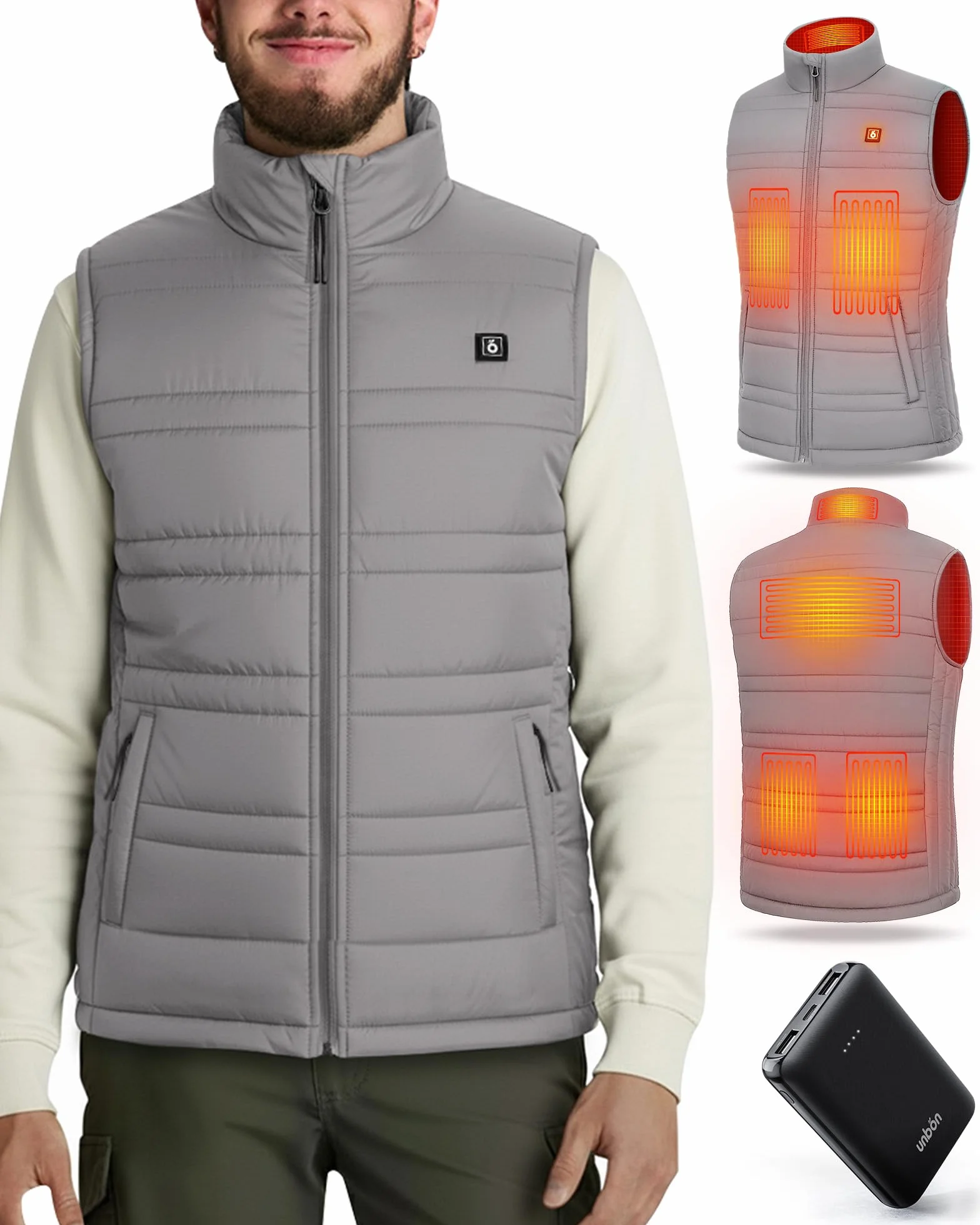 UNBON Gilet Riscaldato Uomo, Giubbotto Riscaldato Uomo con Batteria USB 10000mAh, Gilet Riscaldante Termico 3 Temperature 6 Zone di Calore, Giubbotto Riscaldante Invernale per Moto Caccia