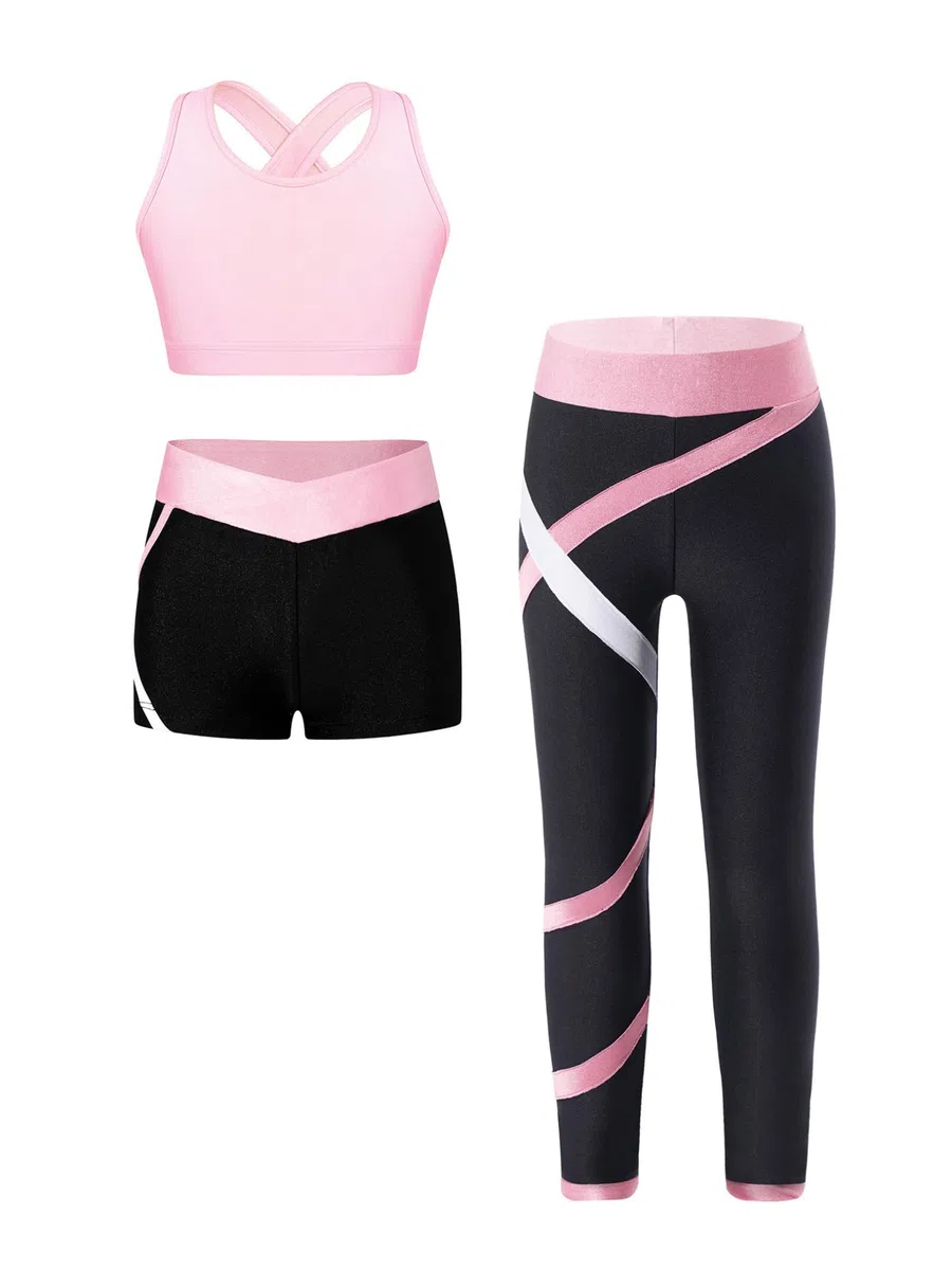 3-Set Completo Sportivo Bambina Tuta Ginnastica Artistica Crop Top Reggiseno Sportivo + Pantaloni da Jogging Leggings Sportivi + Pantaloncini Sportwear