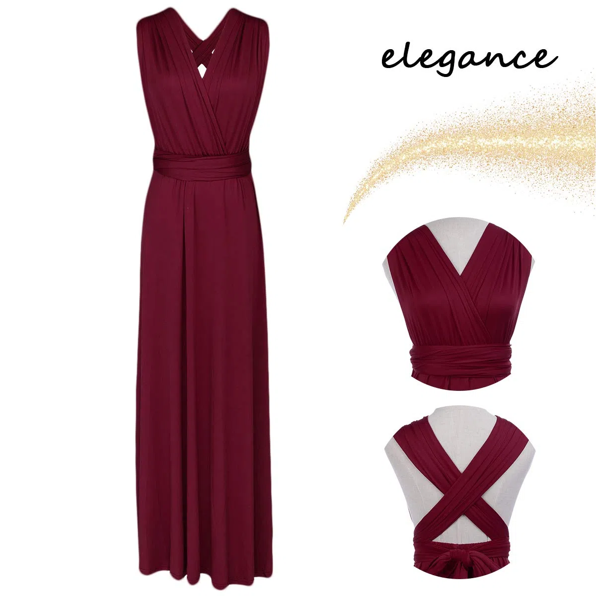Abito da donna elegante da damigella d'onore convertibile Transformer Infinity Multi Way Wrap tinta unita abito da cocktail con spalle scoperte scollo a V fasciatura lungo maxi abito
