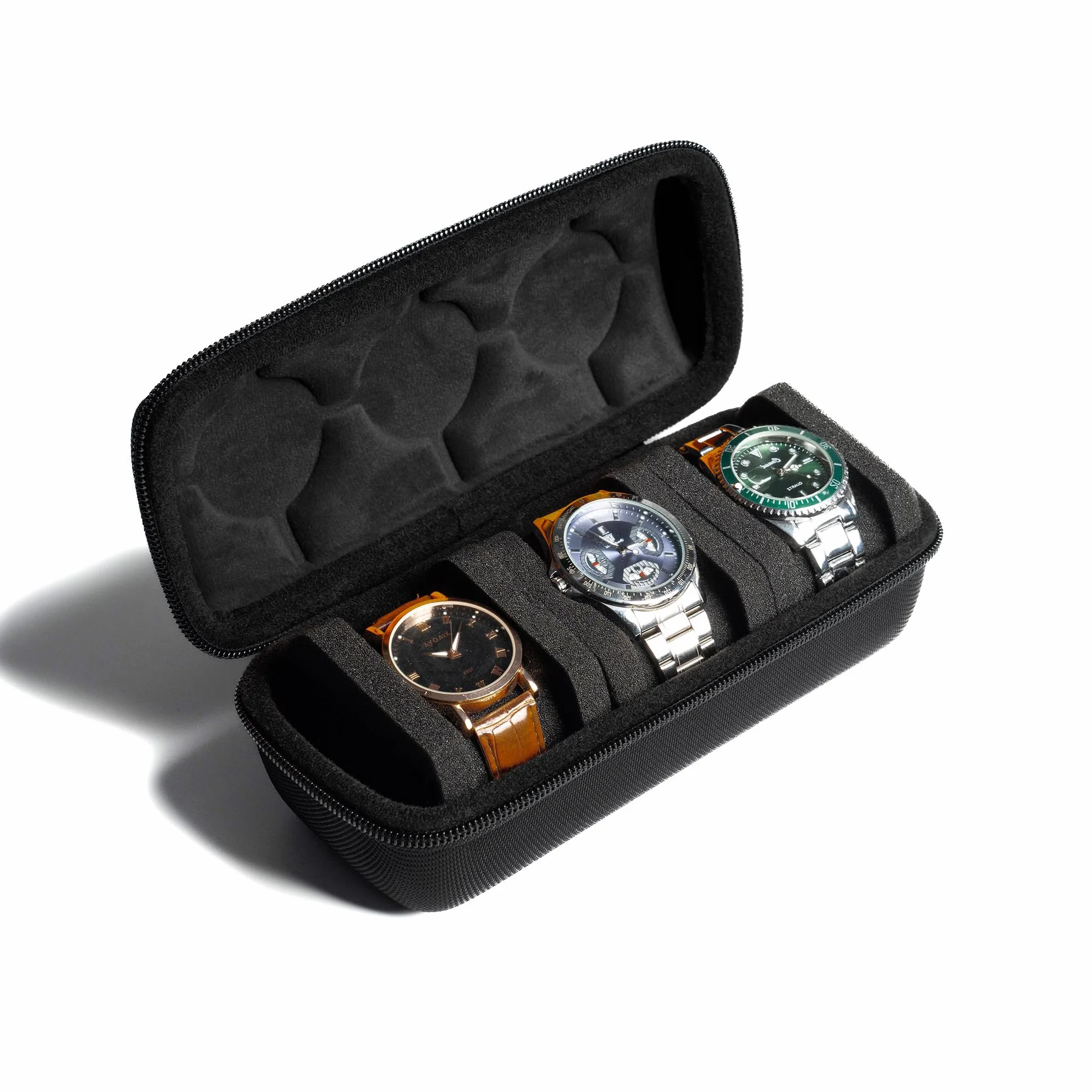 Custodia rigida da viaggio per orologi a 3 scomparti, custodia arrotolabile per orologi e organizer per uomini e donne, con cuscino anti-movimento (tessuto nero 3 slot)