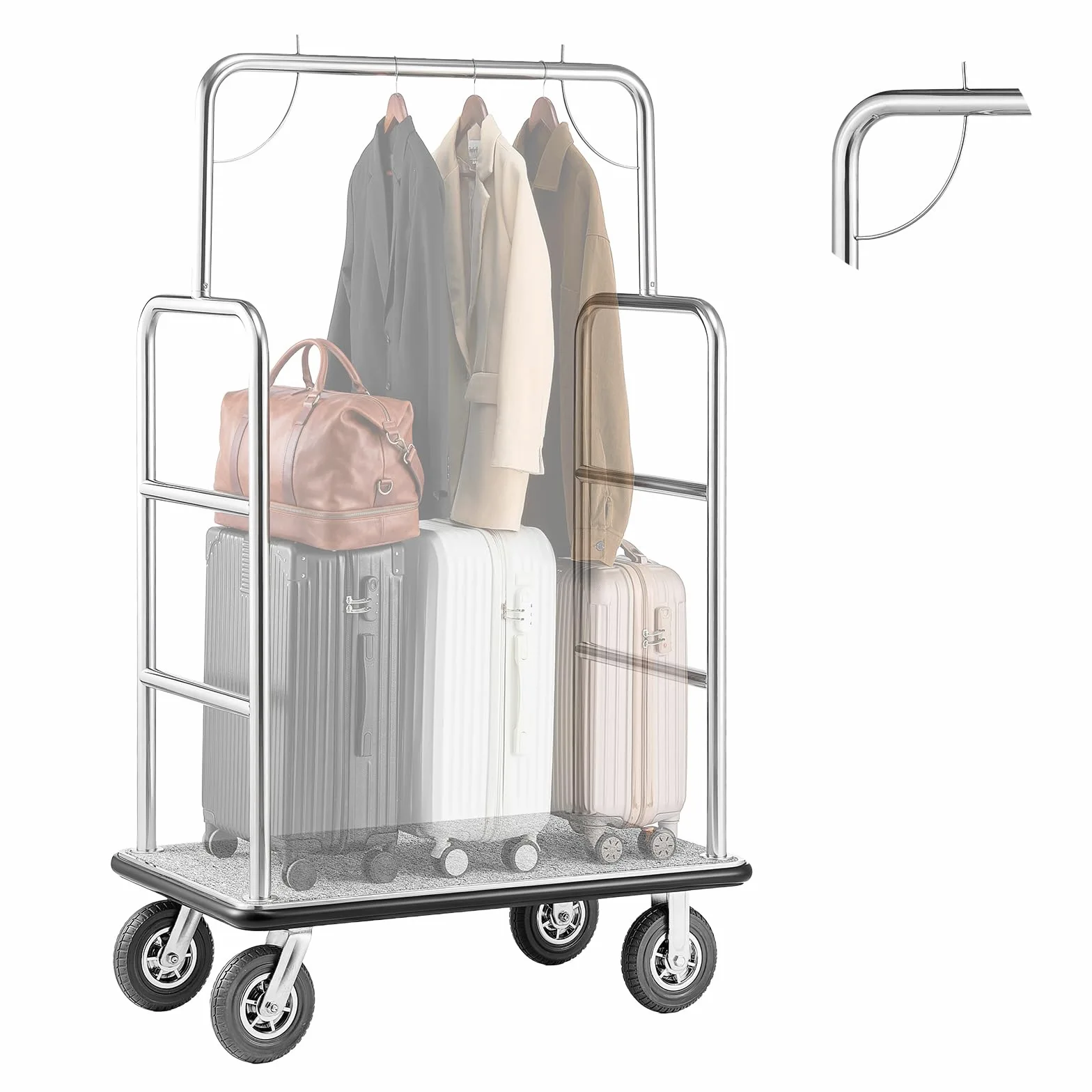 VEVOR Carrello Portavaligie per Hotel, Capacità di Carico di 544 kg Carrello Trasporto Portavaligie con Ponte in Moquette Grigia e Ruote in Gomma da 203,2 mm per Hotel, Condomini, Resort, Argento