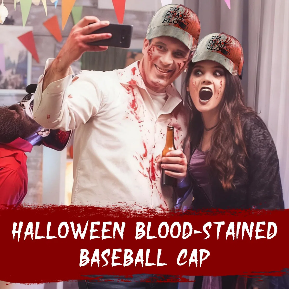 Cappellini da Baseball Halloween con Macchie di Sangue, I'm Ok, It's Not My Blood Cappellino Horror, Cappello da Baseball Unisex, Accessorio Cosplay per Festa Horror e Costumi