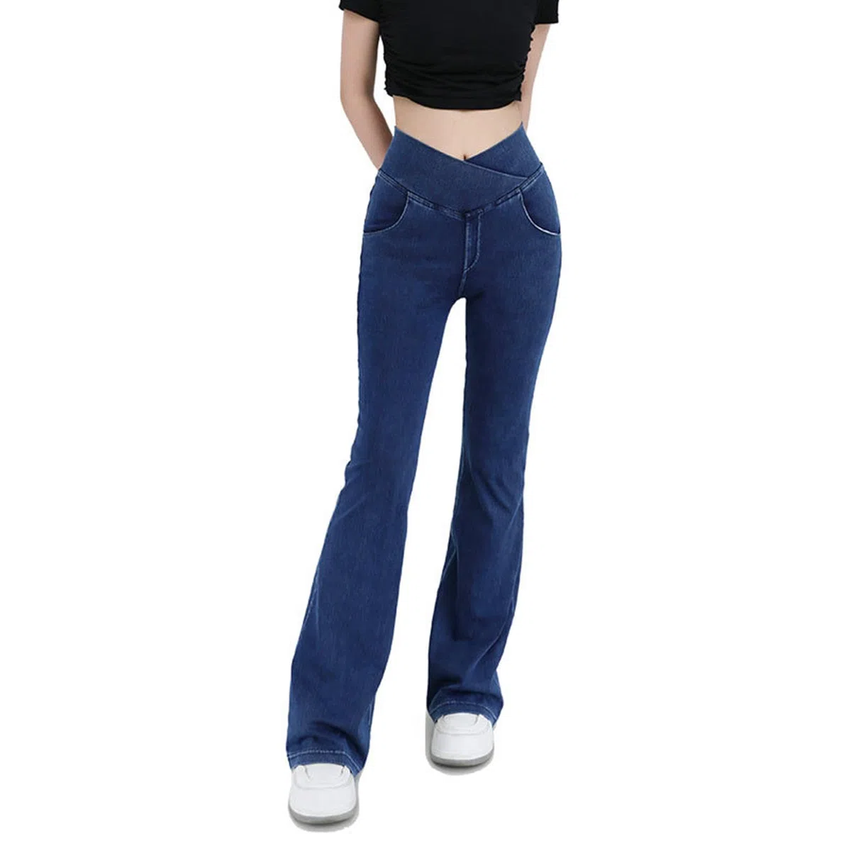 hixswnu Leggings Yoga Cross Vita delle Donne Alta Elasticità Anca Sollevamento Denim Sport Svasato Pantaloni con Doppie Tasche