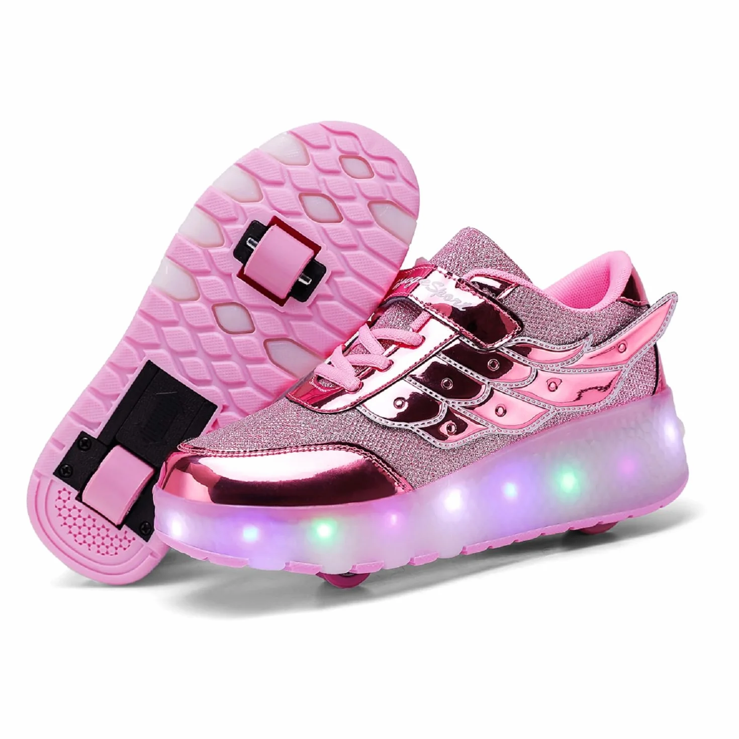USB Ricarica LED Luci Brillantini Skateboard Scarpe Sportive con Rotelle Retrattile Sneakers Outdoor Multisport Luminose Running Calzature da Ginnastica per Bambini Ragazze e Ragazzi