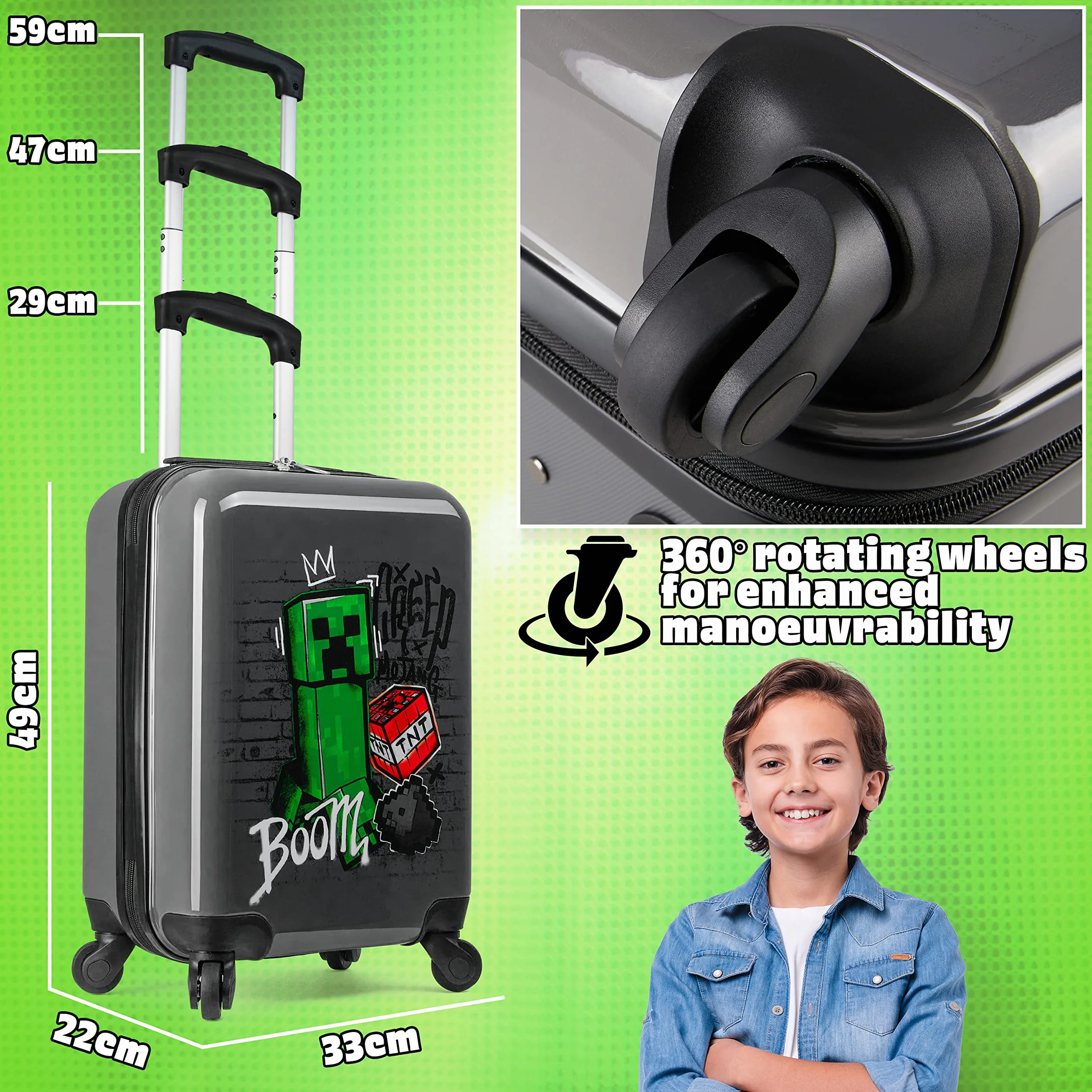MINECRAFT Valigia Bambino Creeper Trolley Bambino Rigido 4 Ruote Valigia per Bambini da Viaggio Regali per Gamer (S(L49cm x W33, 30L), Grigio)