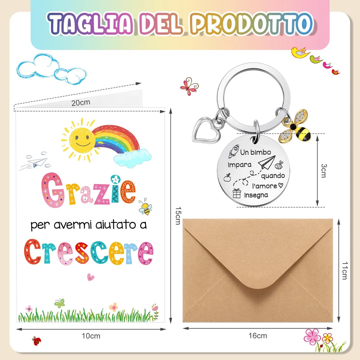 Clabby 6 Sets Idee Regali Maestre di Fine Anno Regalo per Insegnante 6 Portachiavi Insegnanti 6 Biglietti d'Auguri di Arcobaleno 6 Buste per Laurea Asilo Scuola Elementare Professoressa