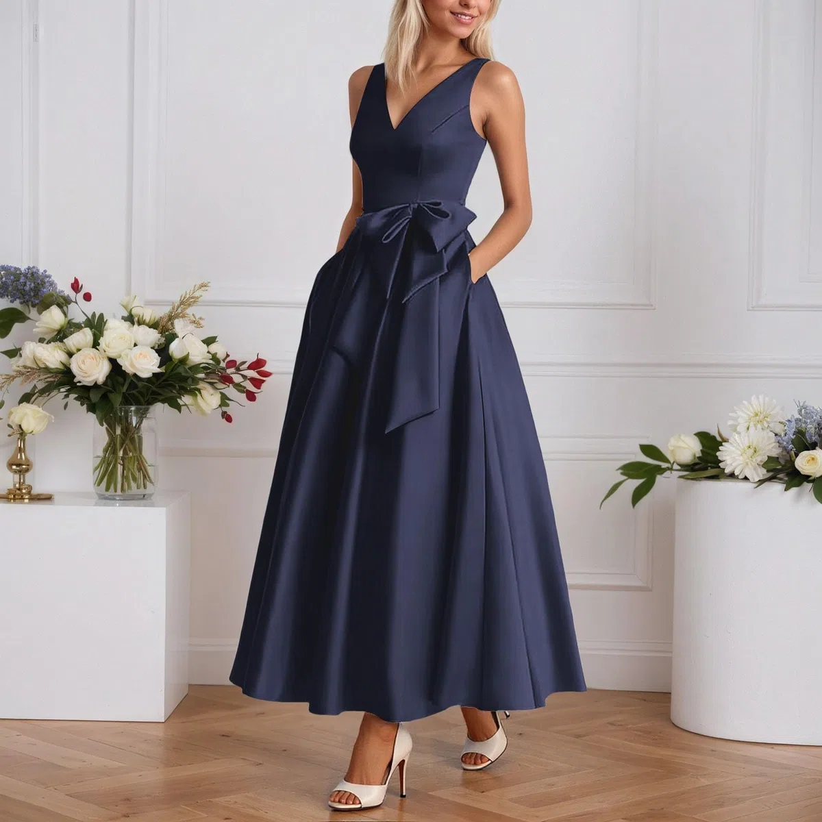 Abito da donna elegante in raso, per occasioni festive, cocktail, da ballo, design comodo, di alta qualità, slim fit