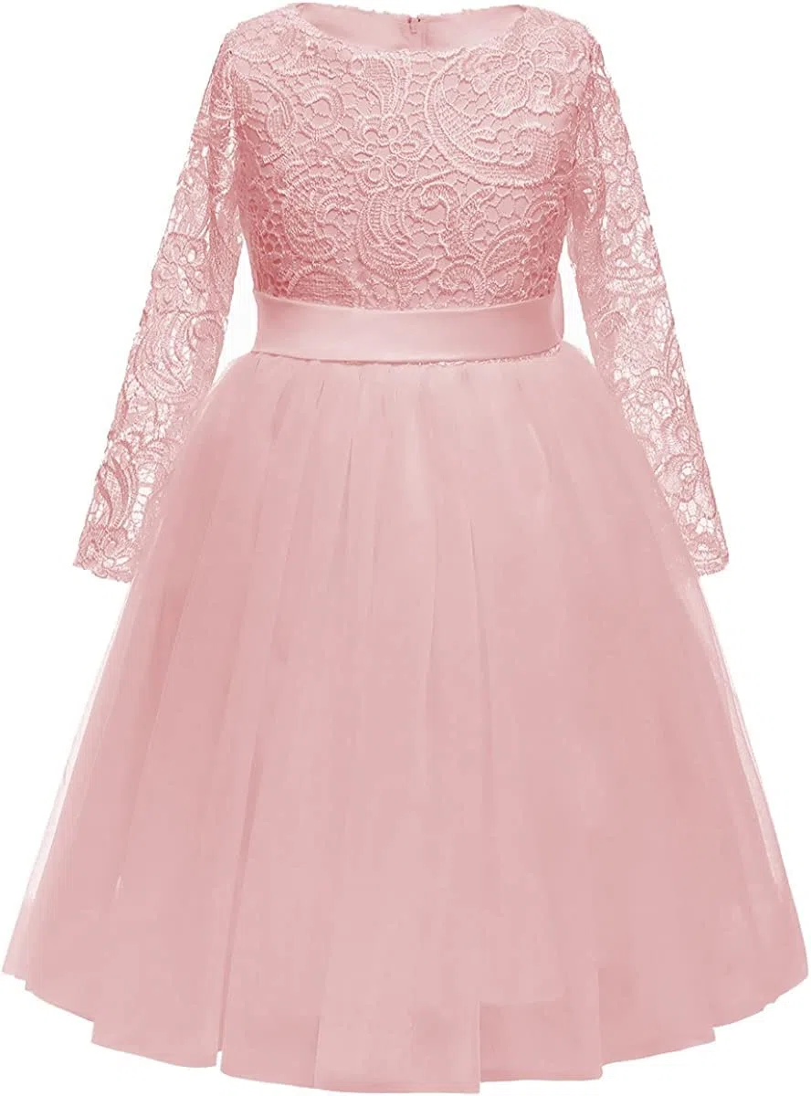 Aibaowedding Vestito da ragazza di fiore Maniche Lunghe Pizzo Top Tulle Gonna Ragazze Pizzo Abiti da Partito