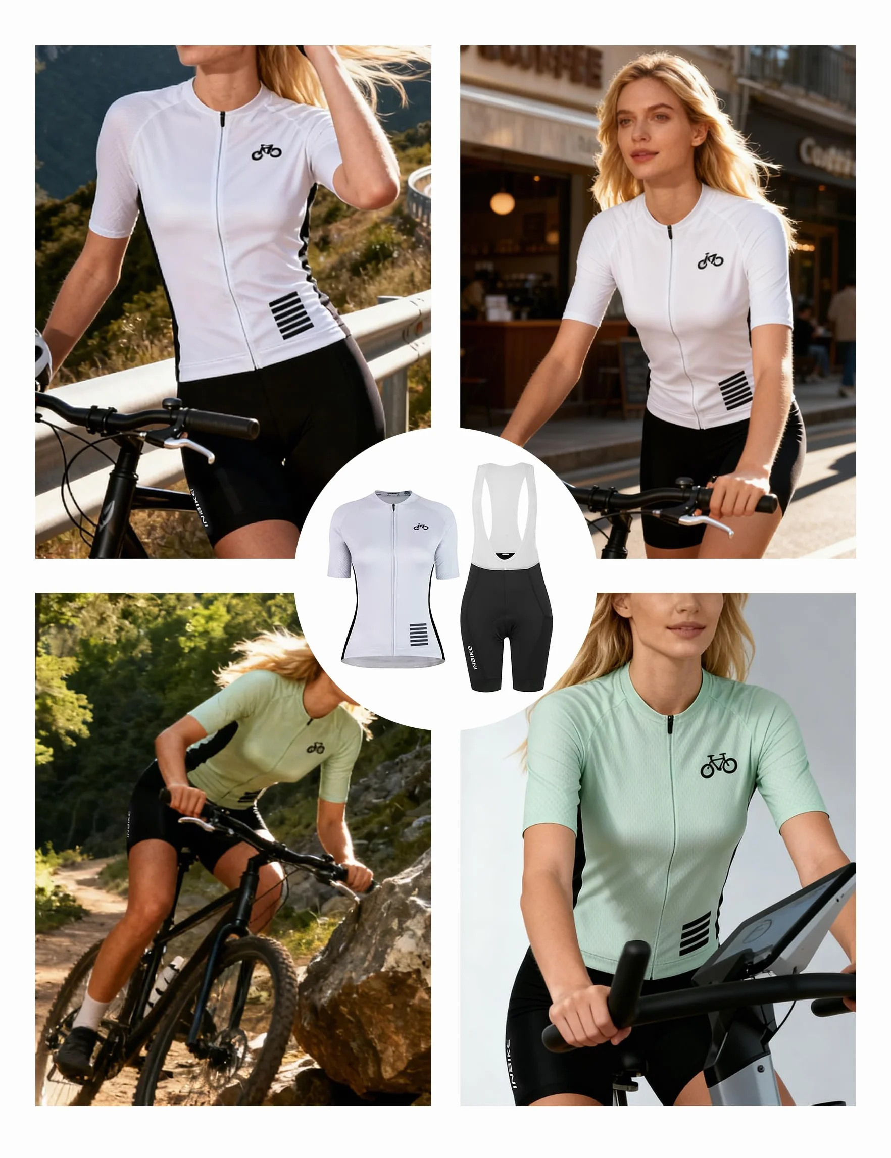 INBIKE Completo Ciclismo Donna Estivo Maglia Ciclismo Manica Corta + Salopette Imbottite 3D Completo Bici Traspirante Riflettente Asciugatura Rapida Elasticità Leggero DM