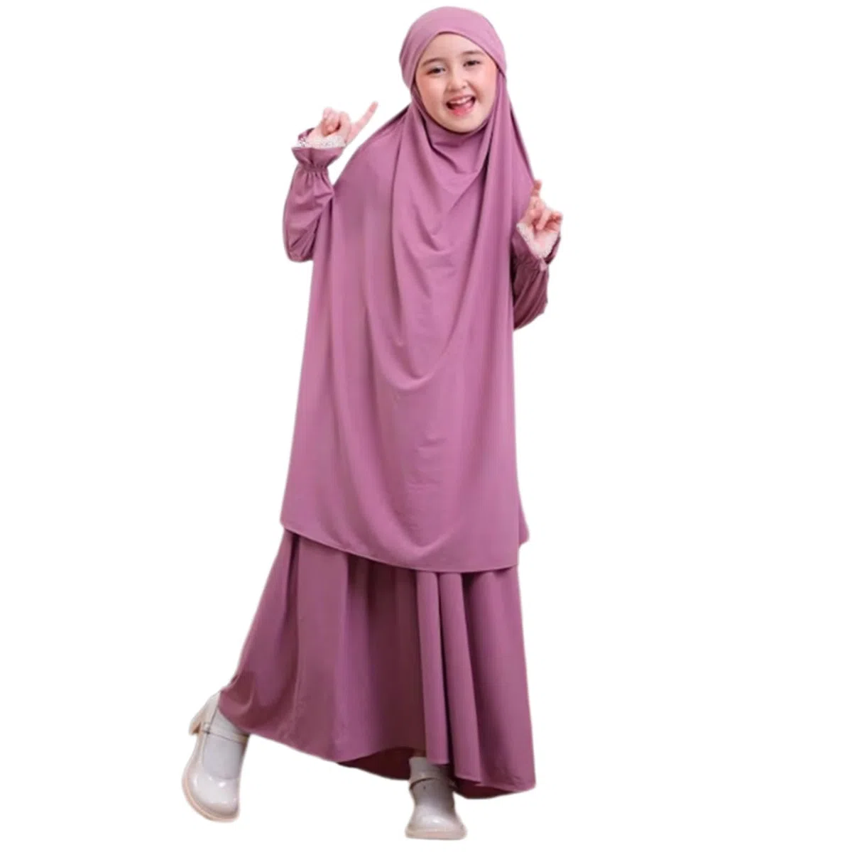 Bambini Ragazze Musulmano Islamico Due Pezzi Abiti Pizzo Manica Lunga Hijab Dress Abaya e Gonna Larga Copertura Completa Caftano