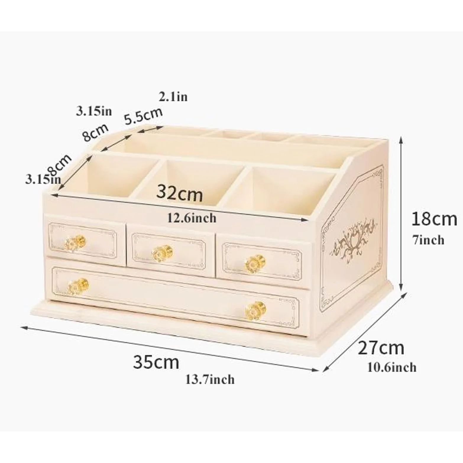 Beauty case in legno per trucchi, con 3 cassetti, organizer per cosmetici, porta pennelli da trucco per comò e bagno