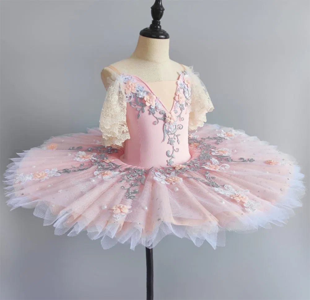 Body da balletto per ragazze e bambine, a maniche corte, in tulle ricamato, gonna tutù, ballerina, danza, lago, cigno, costume da competizione