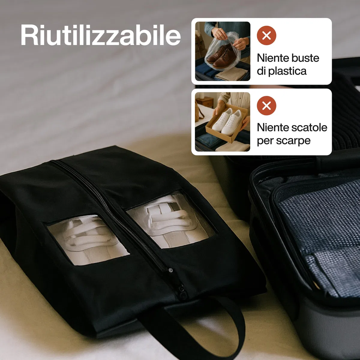 TRAVEL DUDE Set da 2 Porta Scarpe da Viaggio | Borse per Scarpe in Nylon | ideali per Viaggiare | resistente alla luce e all'acqua (Nero, Set borse da scarpe)