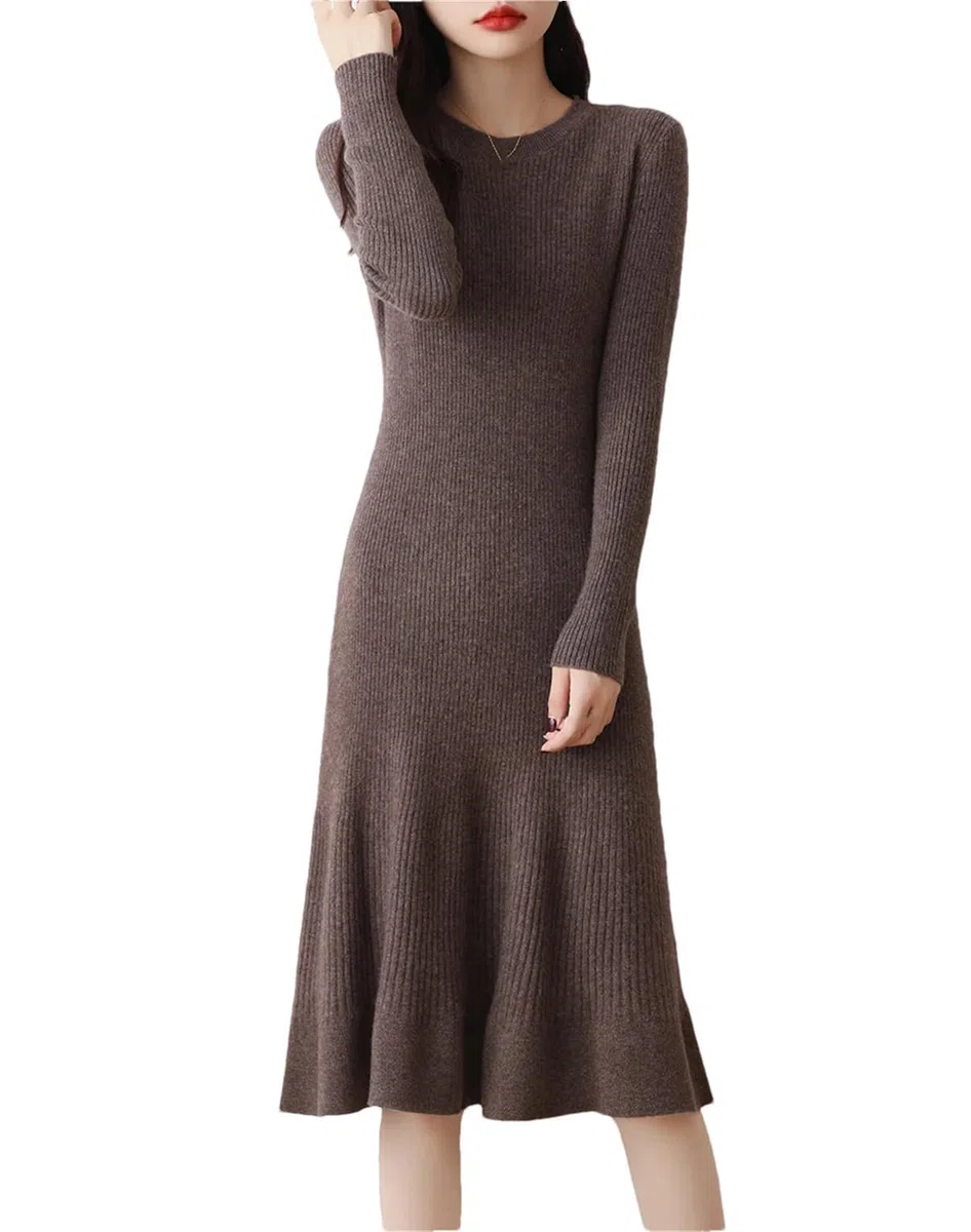 Maglione da donna in lana lavorato a maglia, autunno e inverno, a righe, scollo rotondo, gonna a pieghe