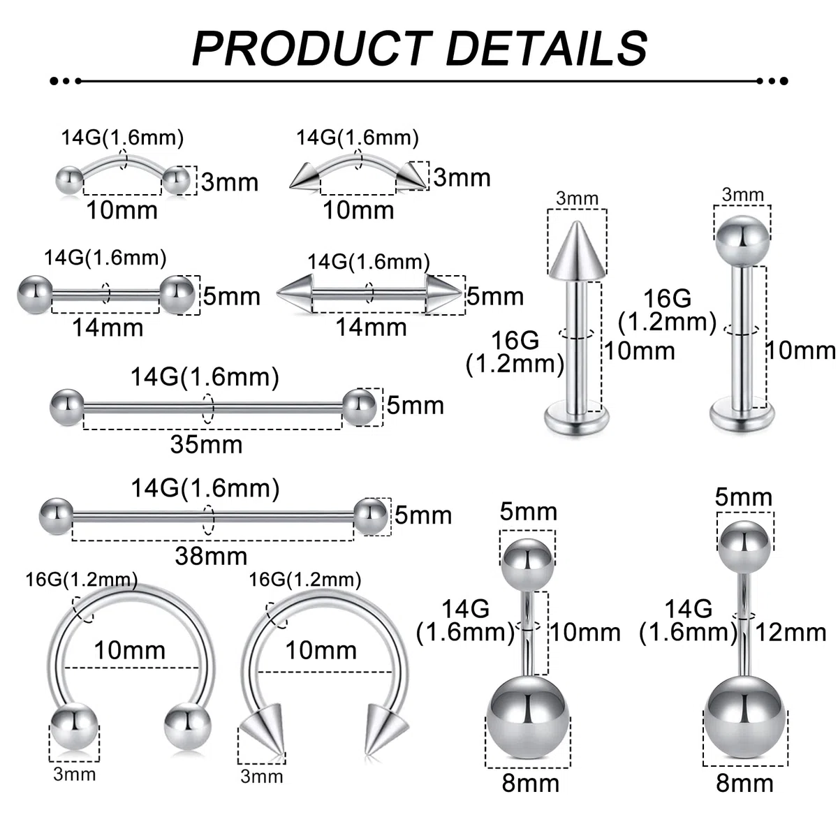 LAURITAMI kit piercing completo, varie misure 14G 16G 20G Acciaio inossidabile Piercing naso setto nasale Sopracciglia Labbra Lingua Cartilagine ombelico Set di gioielli