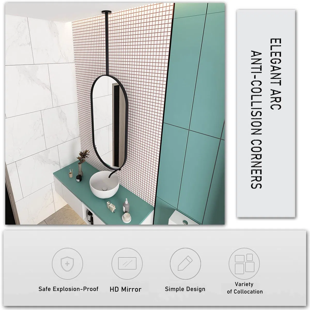 Specchio per Il Trucco Ovale per Il Trucco della casa Specchio Decorativo Creativo, con Struttura in Metallo e Specchio a Braccio Appeso al soffitto per Il Soggiorno del Bagno - Nero