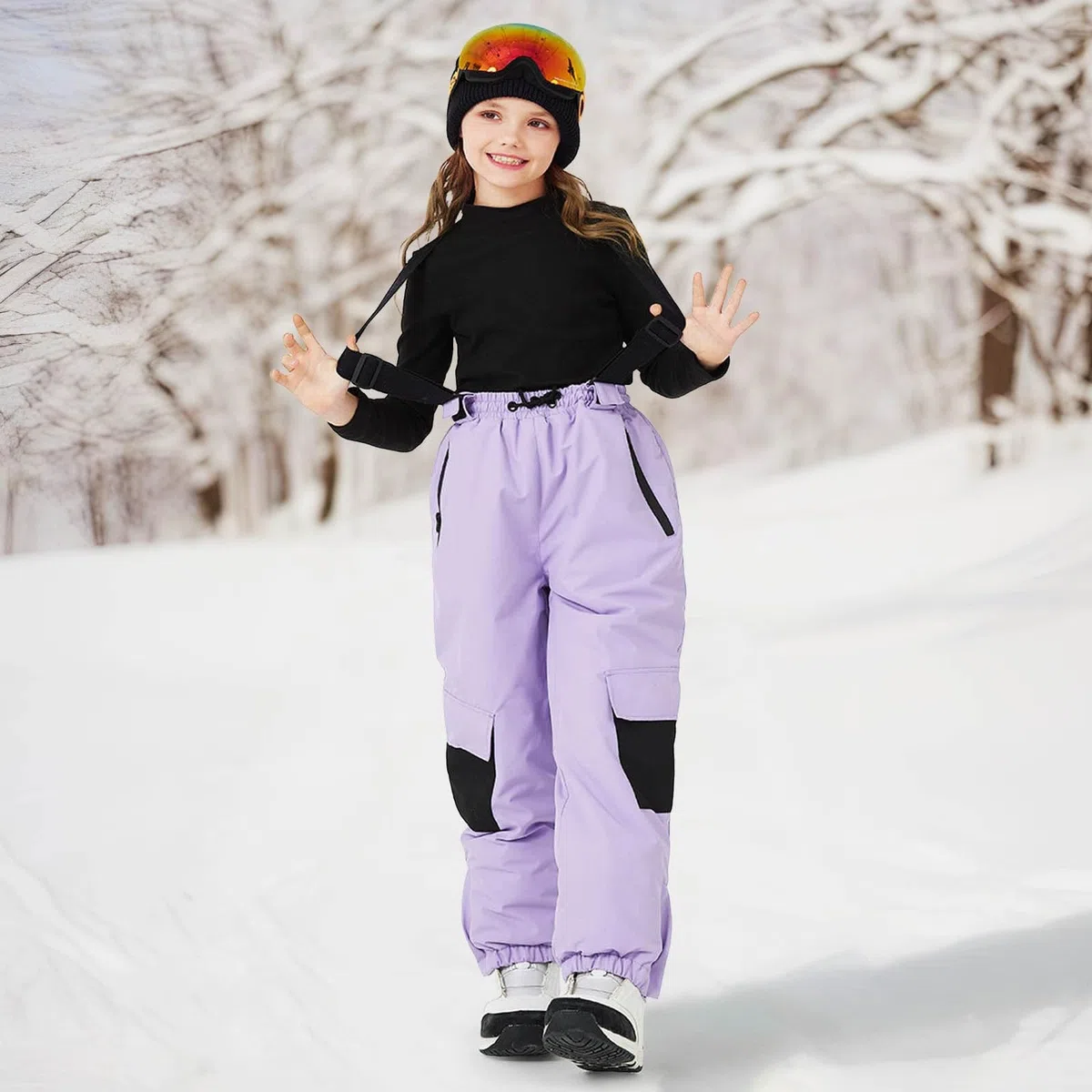 Pantaloni da sci per bambini, con calda imbottitura, con spalline, pantaloni da neve per ragazzi e ragazze, impermeabili, elastici, bretelle per snowboard, pantaloni da sci