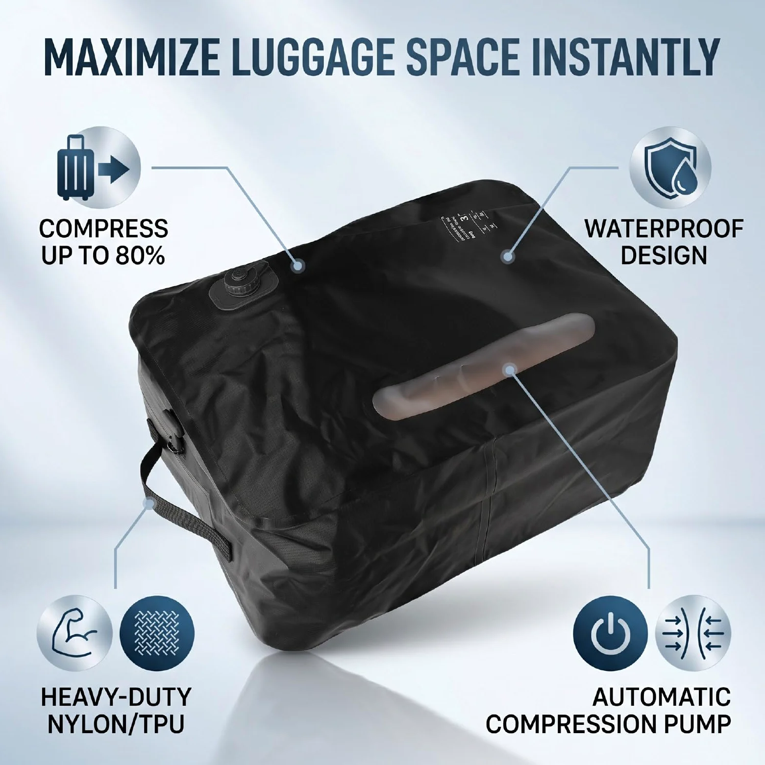 Ejoyous Sacco a Compressione Sottovuoto, Borsa da Viaggio in TPU e Nylon 210D da 35 Litri con Valvola Unidirezionale, Cerniera IP67, Organizer per Bagagli Riutilizzabile per Viaggi, Campeggio, (BLACK)
