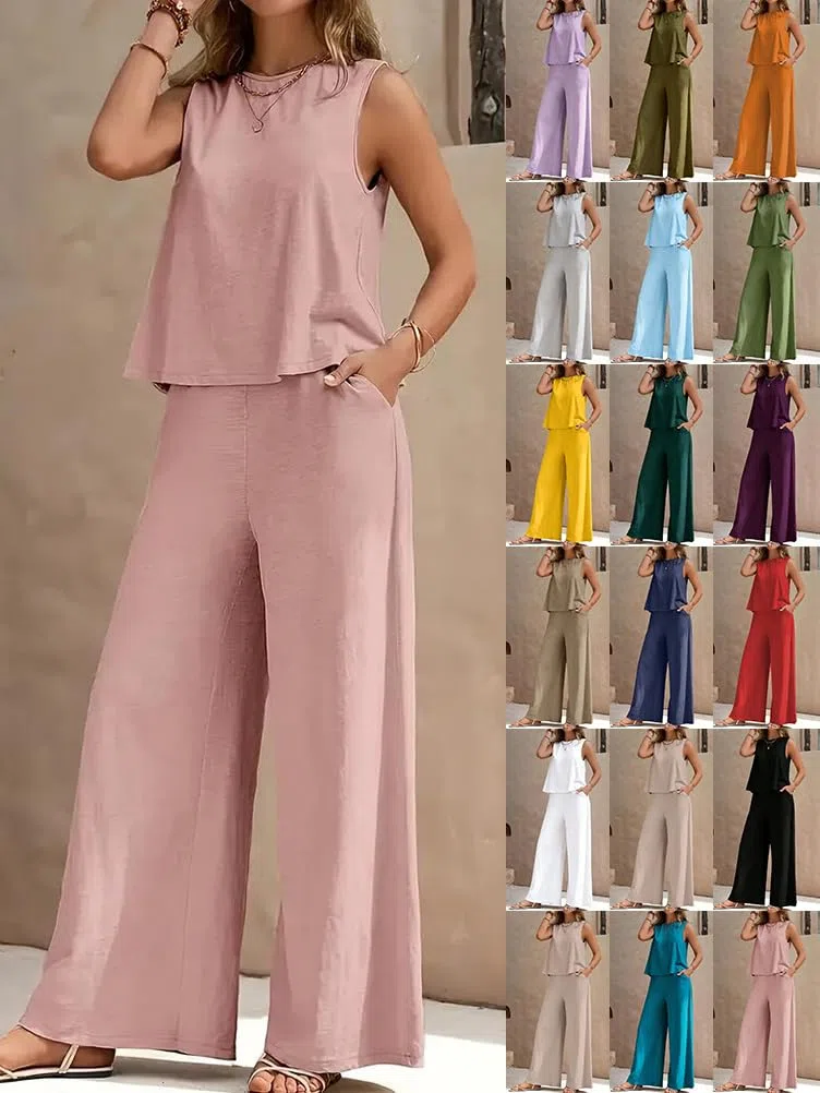 Tuta Donna Estiva Completa 2 Pezzi Top Senza Maniche con Girocollo + Pantaloni a Vita Alta Gamba Larghi Dritti Completo Casuale Leggero
