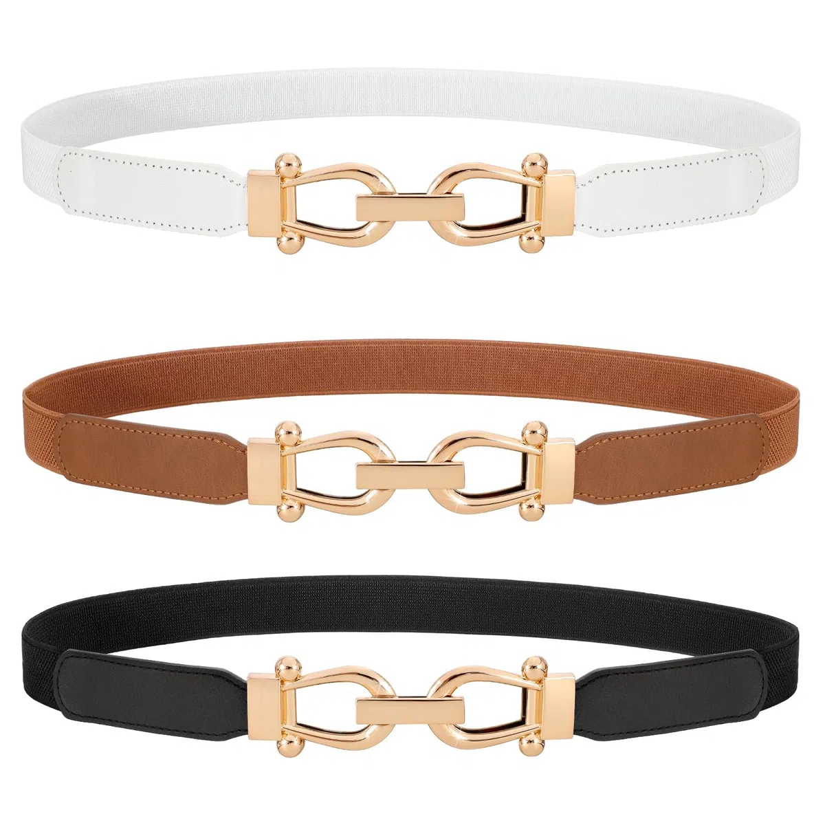 LEACOOLKEY Set da 3 cinture elastiche donna eleganti, cintura donna sottili con fibbia dorata, cintura elastica da donna in stile vintage per jeans e abiti