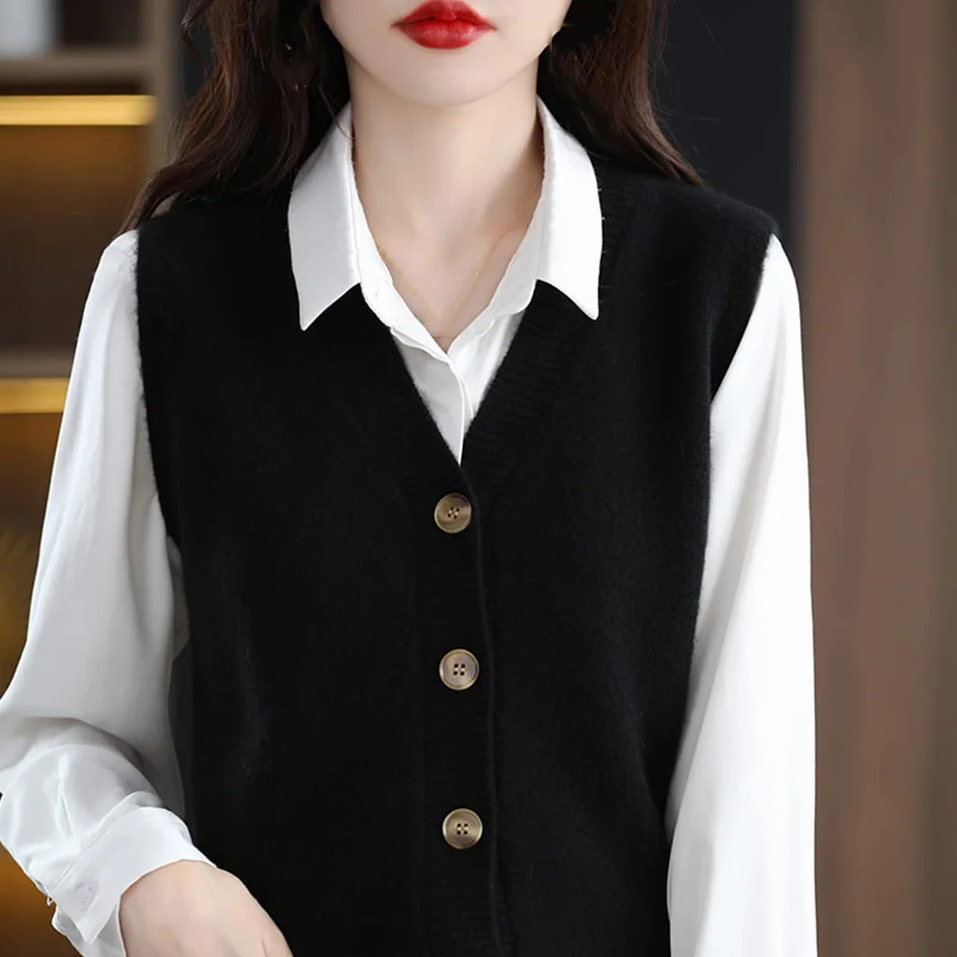 Ownwfeat Gilet in Maglia Cardigan Senza Maniche con Bottoni in Lana con Scollo A V da Donna