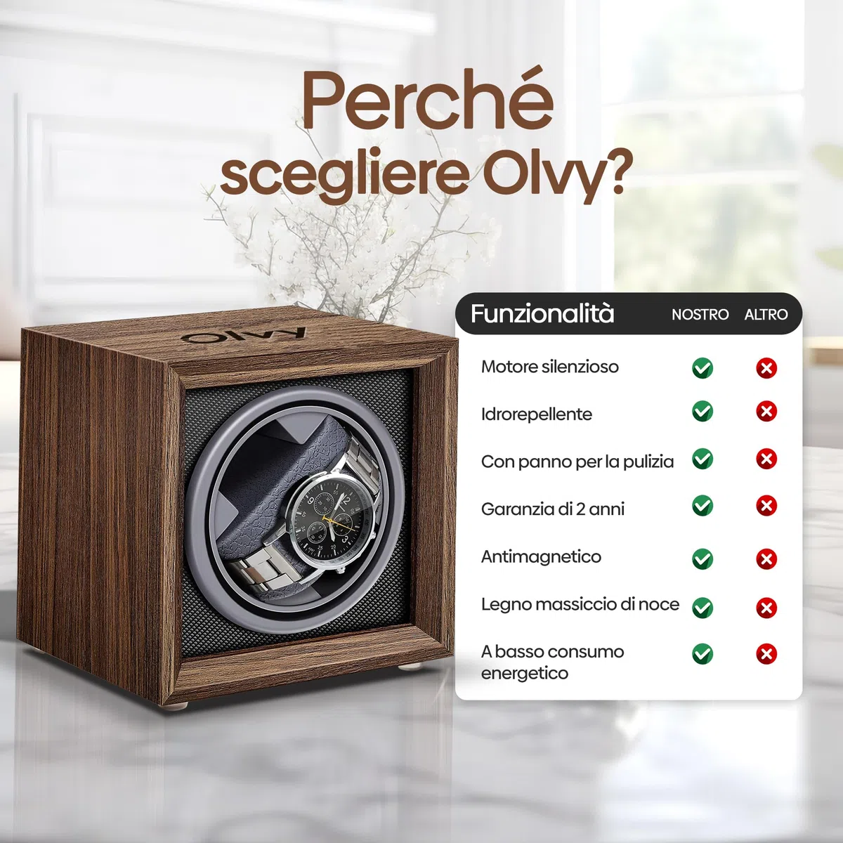 Olvy Caricaorologi in legno per orologi automatici, motore estremamente silenzioso, orologio winder per orologi automatici, caricaorologi automatico, Watchwinder