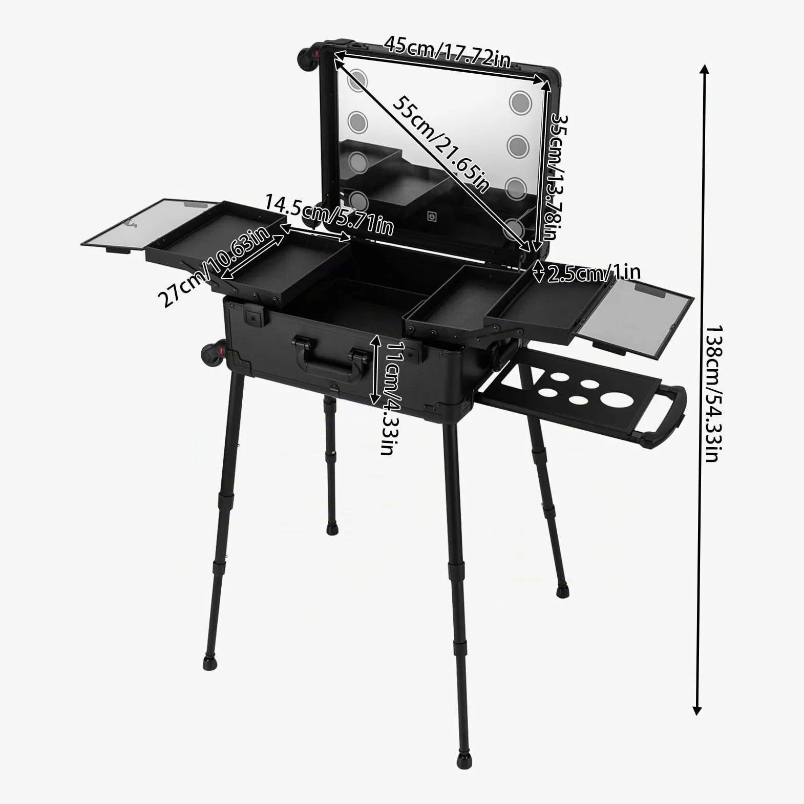 Valigetta cosmetica 21 in trolley con illuminazione a specchio Rolling Makeup con luci a specchio, valigetta professionale da parrucchiere, 8 lampadine a LED con serratura e chiavi, gambe regolabili,