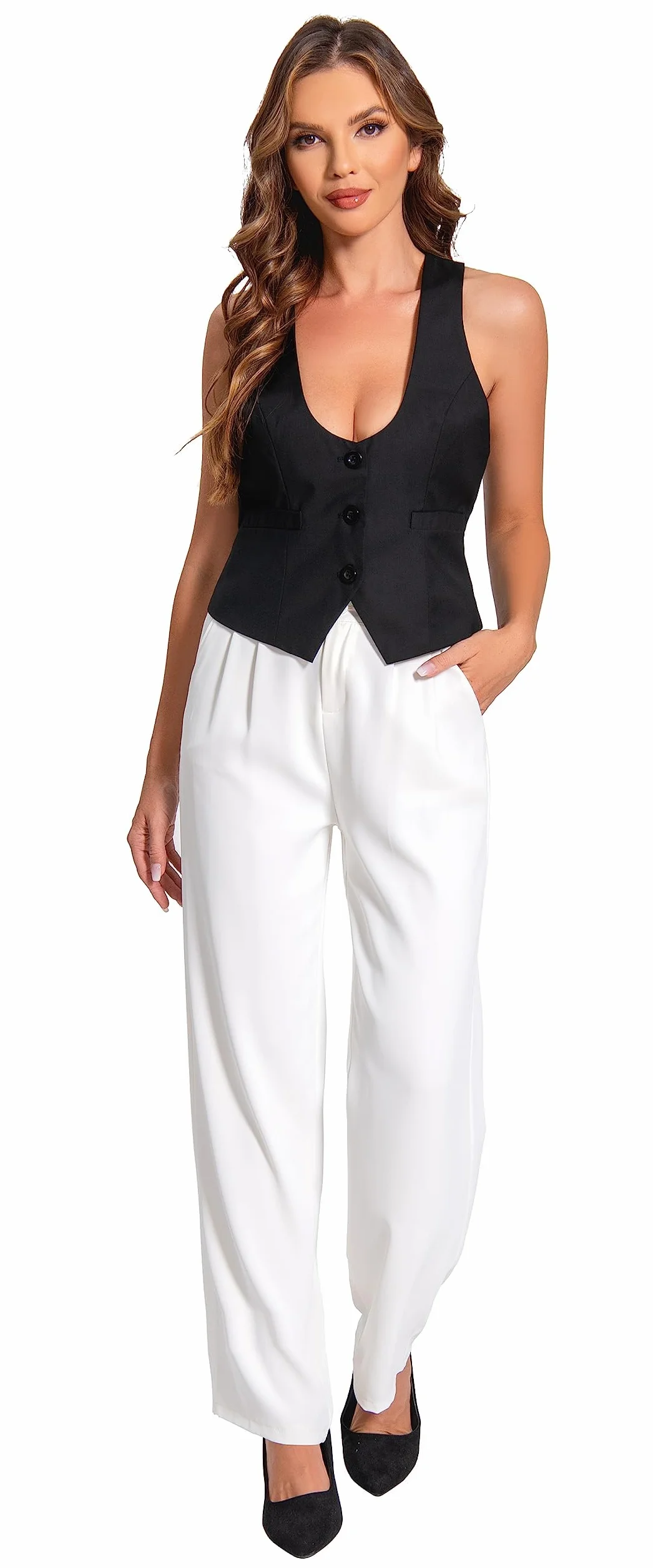 Gilet da donna, con scollo a V, vintage, monopetto con tasche, senza maniche, blazer