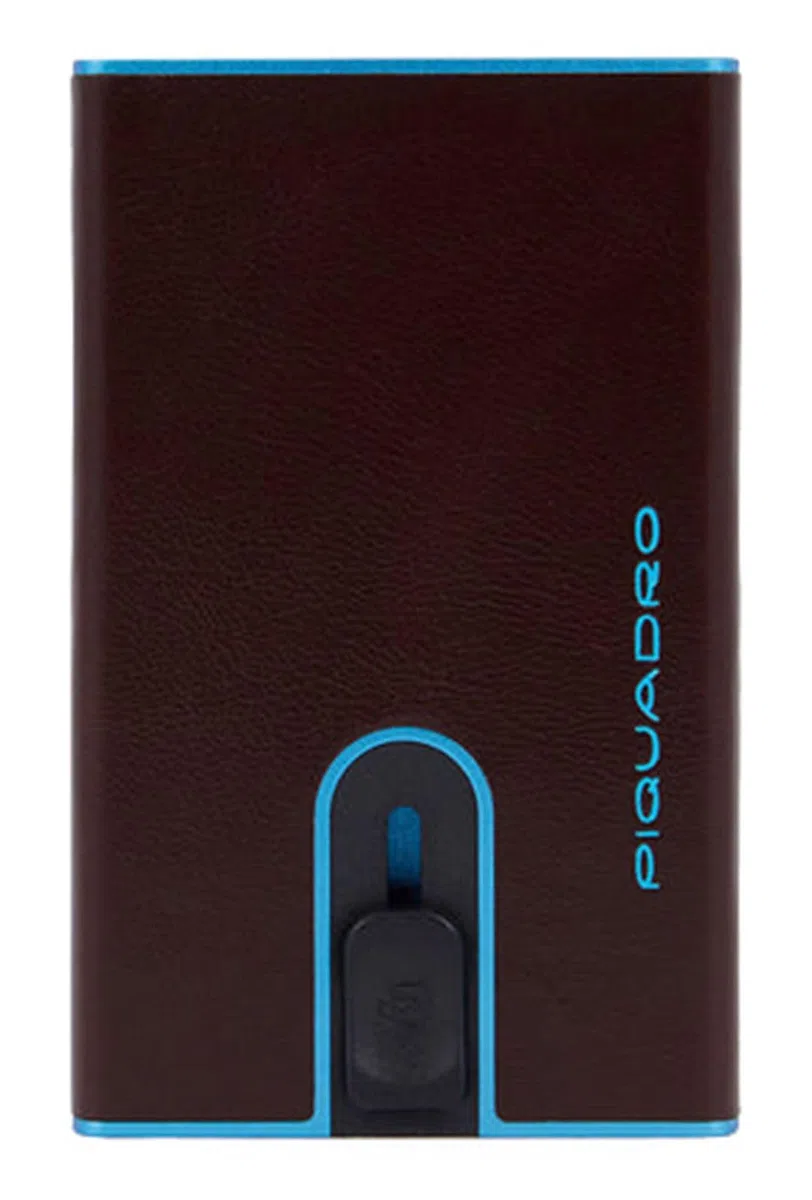 PIQUADRO – Portacarte Automatico - Blue Square – in Metallo e Pelle – Protezione RFID - Uomo – Colore Mogano