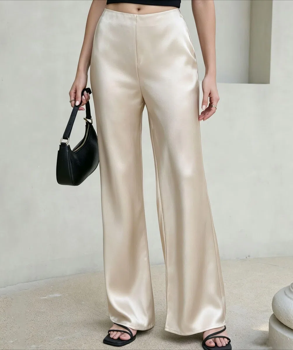 Pantaloni da donna in raso a gamba larga pantaloni a gamba larga per le donne | Pantaloni eleganti a vita alta in tinta unita con cintura elastica nascosta pantaloni lunghi fluidi leggeri casual da lavoro