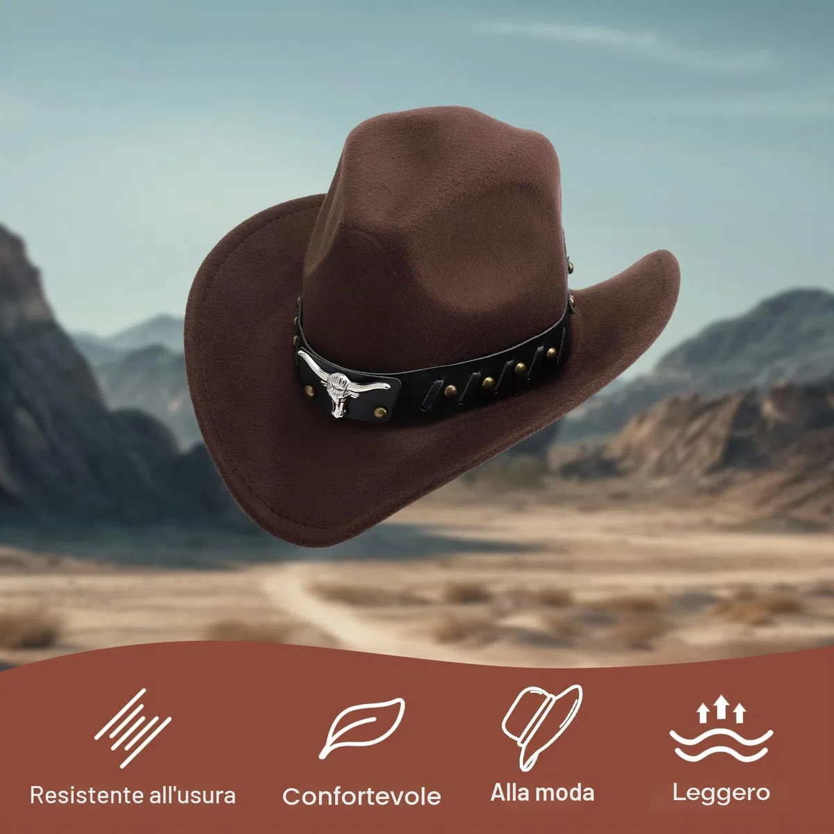 HENGBIRD Marrone Cappello Cowboy Donna,Cappello Uomo,Cappello Donna,con Applicazione a Testa di Toro e Fascia Regolabile (56-60 cm) per Giardinaggio e Feste a Tema,gita al Mare