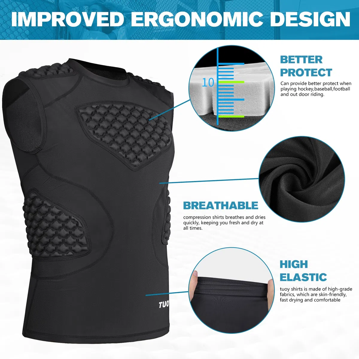 Maglietta Imbottita a Compressione – Taglie per Adulti e 6 Imbottiture Maglietta Protettiva Imbottita per Calcio Paintball Baseball