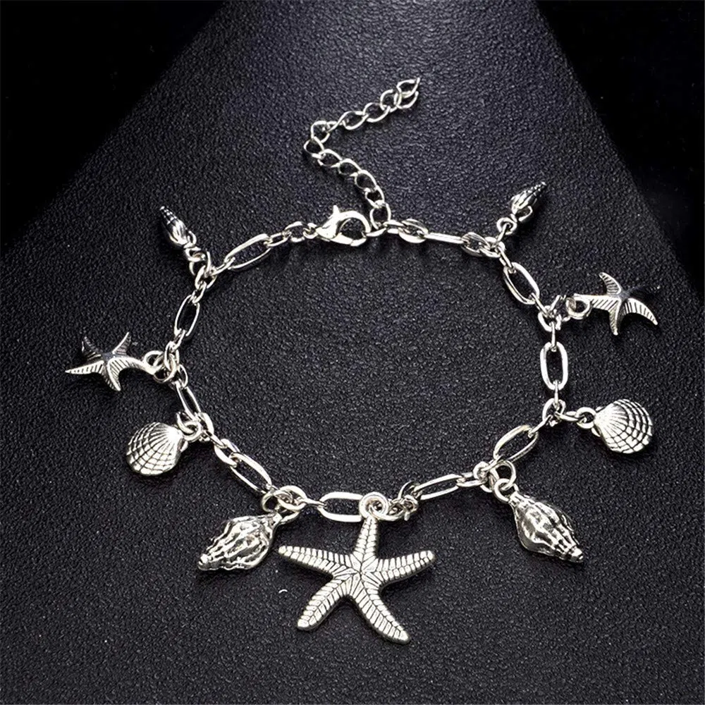 Cavigliera da Spiaggia Estiva, cavigliera a Catena Vintage Bohémien con Ciondolo a Forma di Stella Marina capesante Conchiglia Moda Affascinante Sandalo da Spiaggia Braccialetto cavigliera a Piedi
