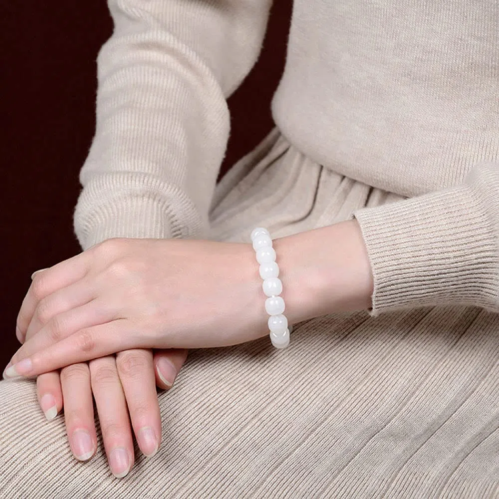 Girls Accessories Bracciale in Argento Sterling 925 Vintage per Donna Semplice Naturale Giada Bianca Perline a Botte Perline Gioielli Classici Fascino Spiaggia Estiva Birthday Gift