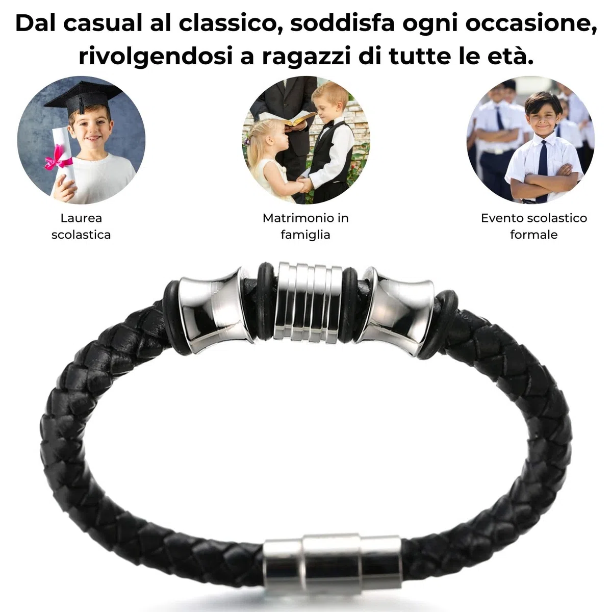 HALUKAKAH Bambini ● Solo Onore Junior ● Bracciale Ragazzo Maschio in Vera Pelle Cuoio Nero 6-12 Anni Perle in Oro Argento Titanio Acciaio Chiusura Magnetica 7"(18cm) con Pacco Regalo Gratuita
