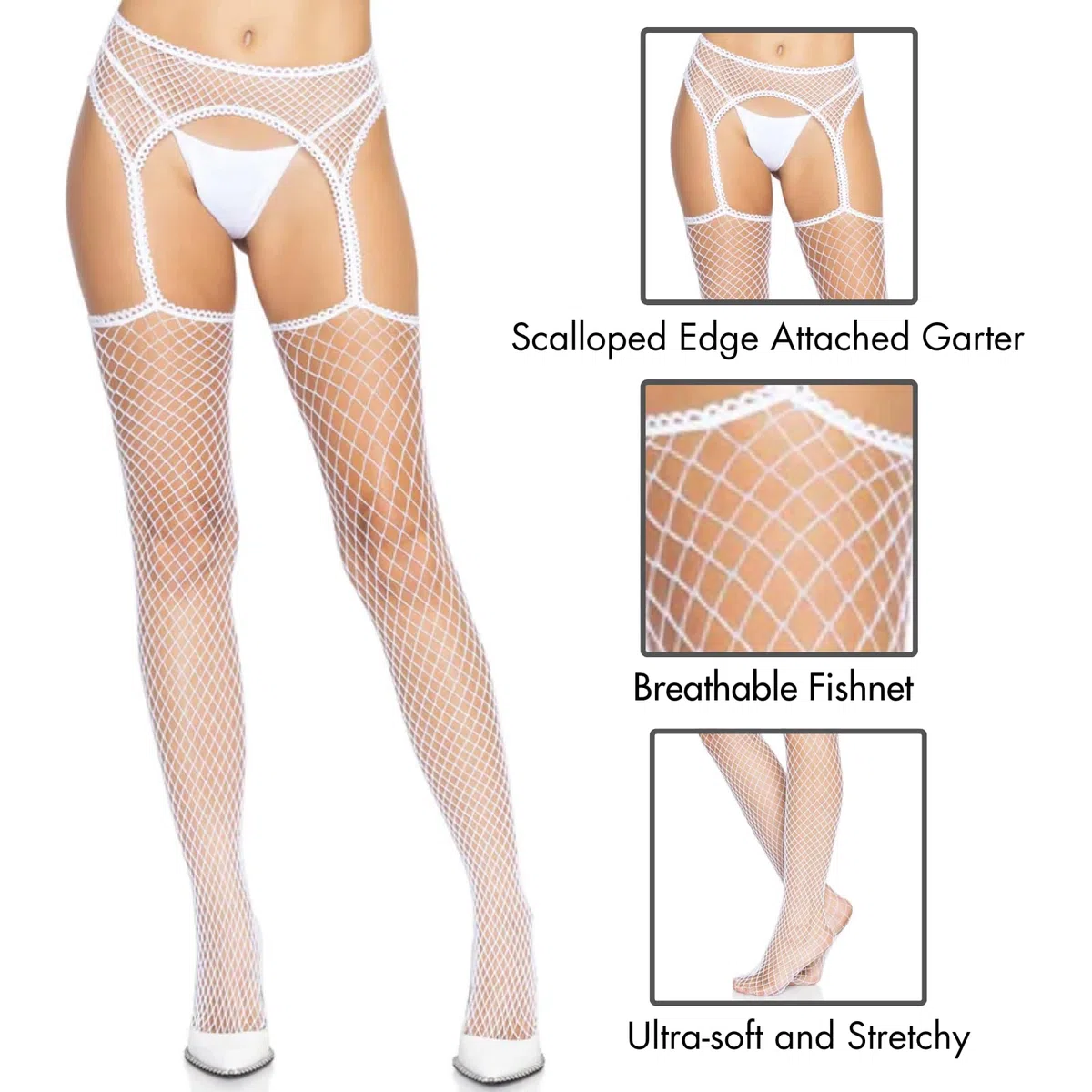 Leg Avenue Women's Industrial Net Stockings with Scalloped Trimmed Attached Garter Belt Costume Hosiery