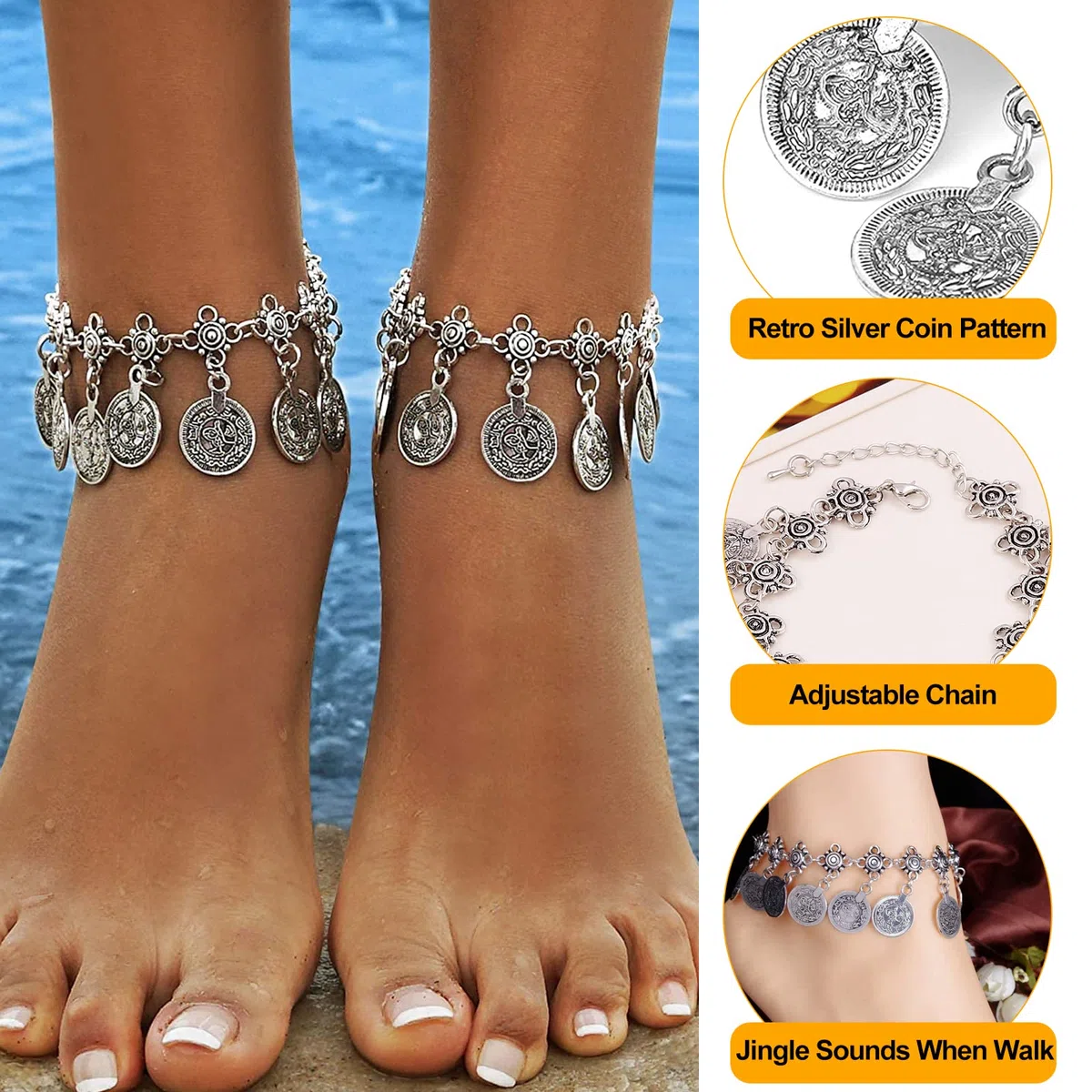 2 PZ Donne Spiaggia Cavigliera Tribale Etnica Moneta Nappa Zingari Cavigliere Catena Regolabile Boho Cavigliere Catena Dei Piedi Gioielli