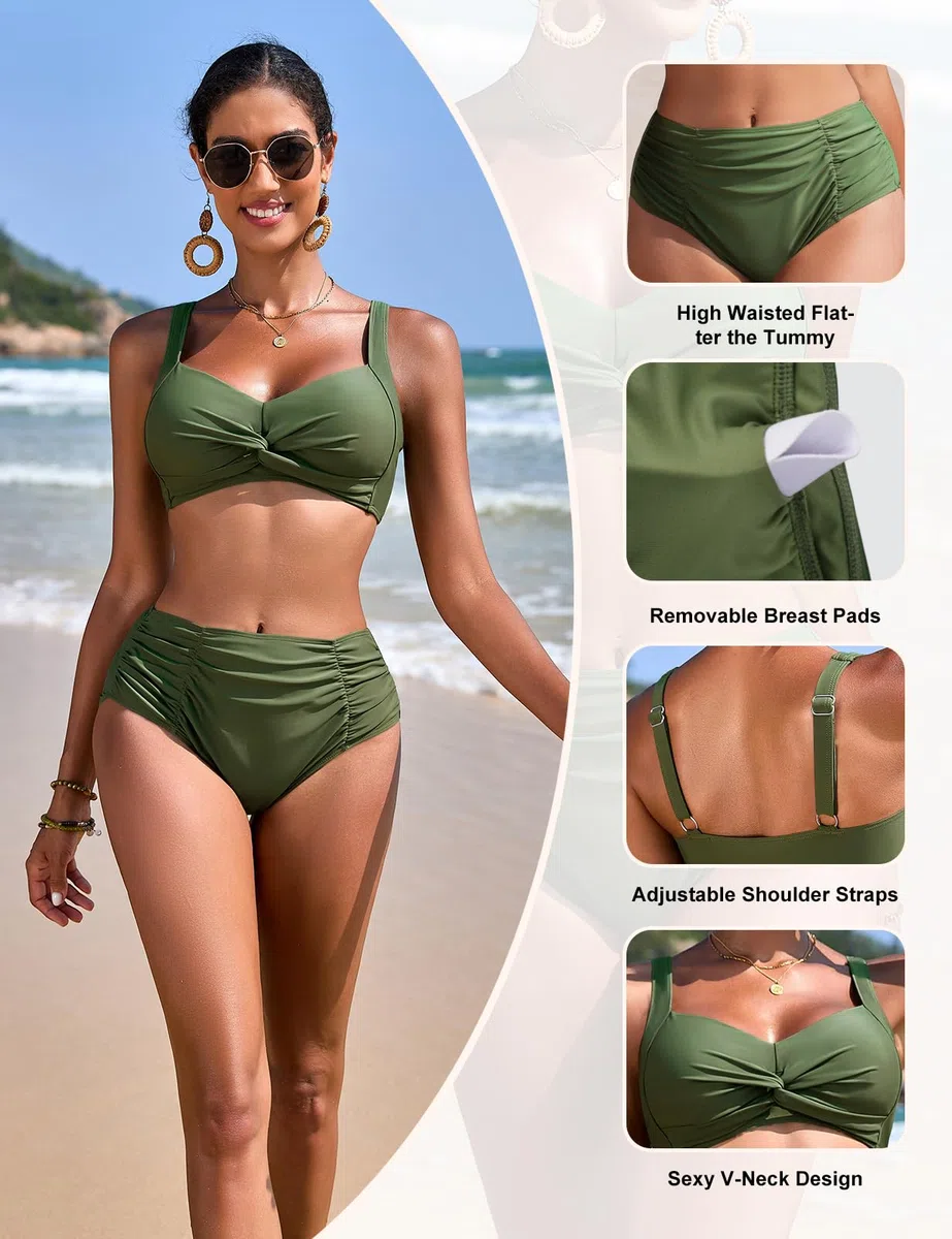 Costume Donna Due Pezzi Vita Alta Pancia Piatta Bikini Set Sexy Push Up Twist Costumi da Bagno Donna per Estate Spiaggia Beachwear