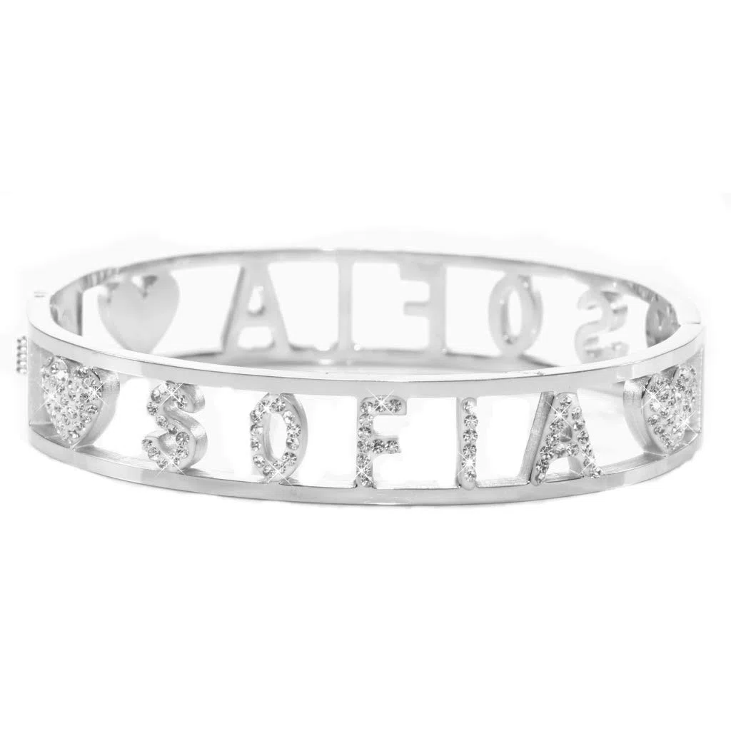 Flowers Bracciale Rigido Acciaio con Nome Vari e Zirconcini Sacchettino in tessuto Scritta nome ricoperta di strass Brillantissimi Bracciale a Manetta Donna Chiusura a molla Idea Regalo