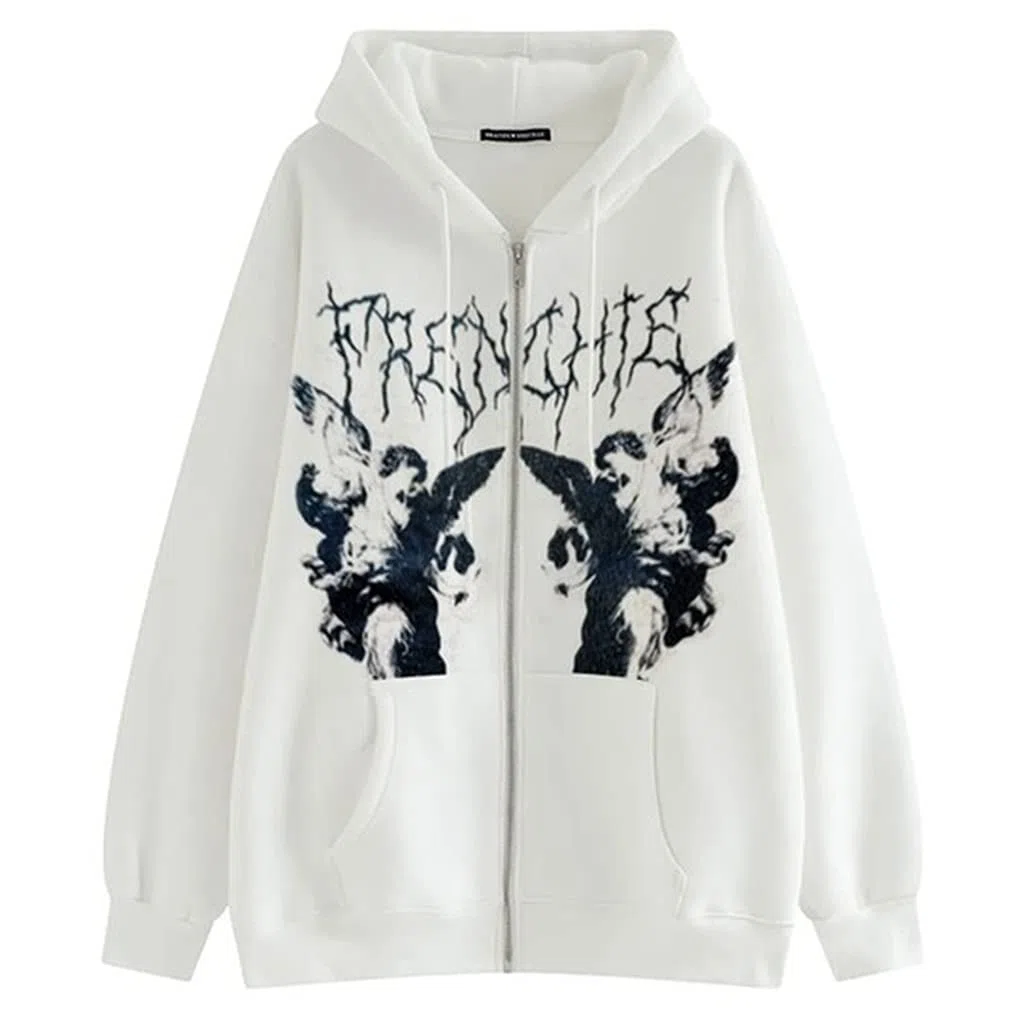 Felpa con cappuccio da donna, a maniche lunghe, con stampa gotica, punk, angelo, oversize, con cerniera, stile hip hop