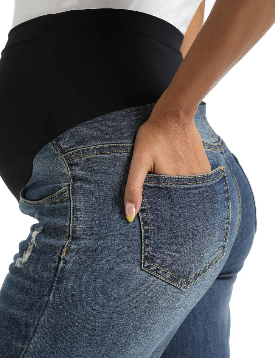 Jeans premaman da donna sopra la pancia, gamba dritta, orlo grezzo, jeans premaman con tasche