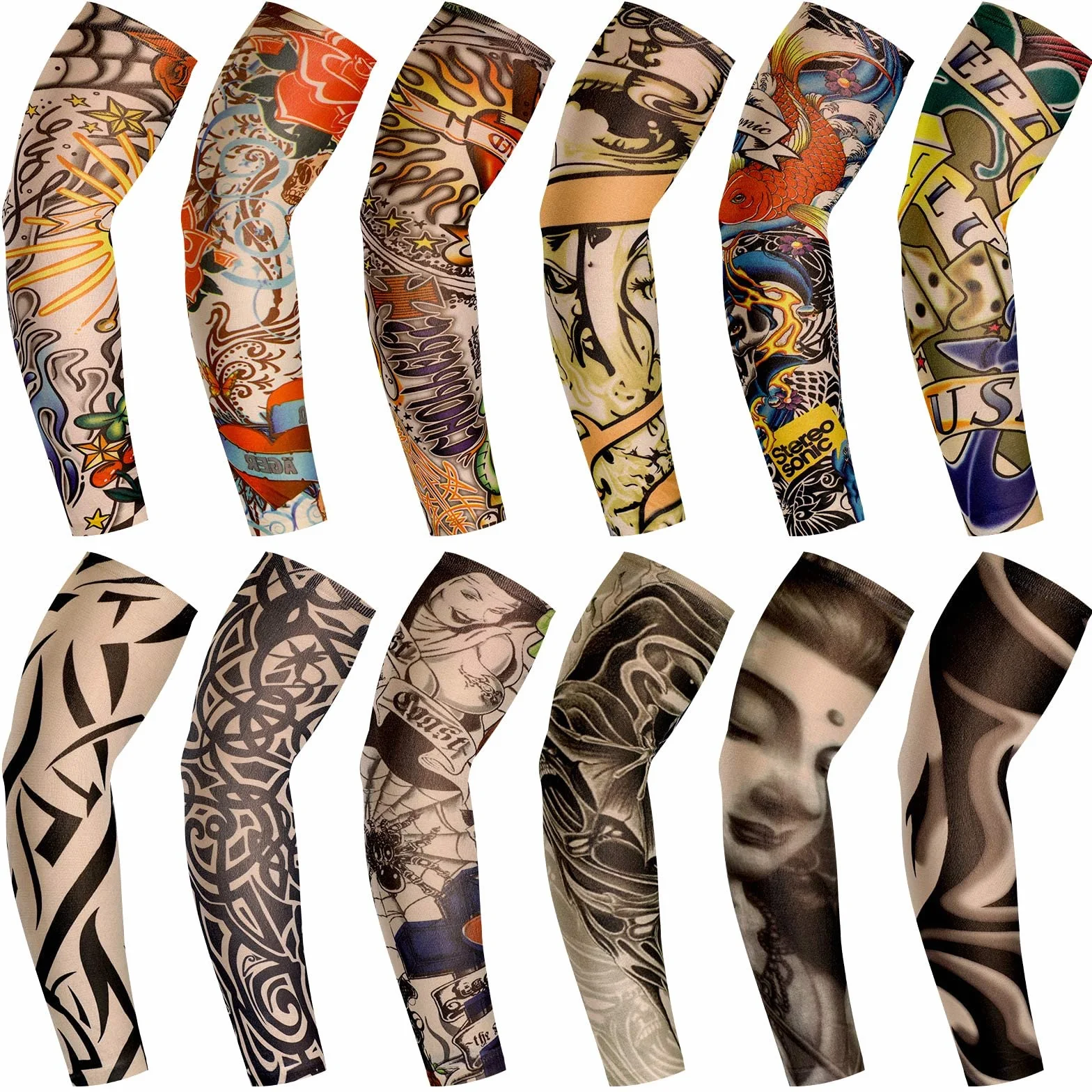 BBTO Set di 12 Pezzi Maniche del Tatuaggio Finto Manicotti per Braccio di Protezione Solare Guanti Elastici Morbidi per Braccia con Fiori da Ciclismo (Modello Colorato)