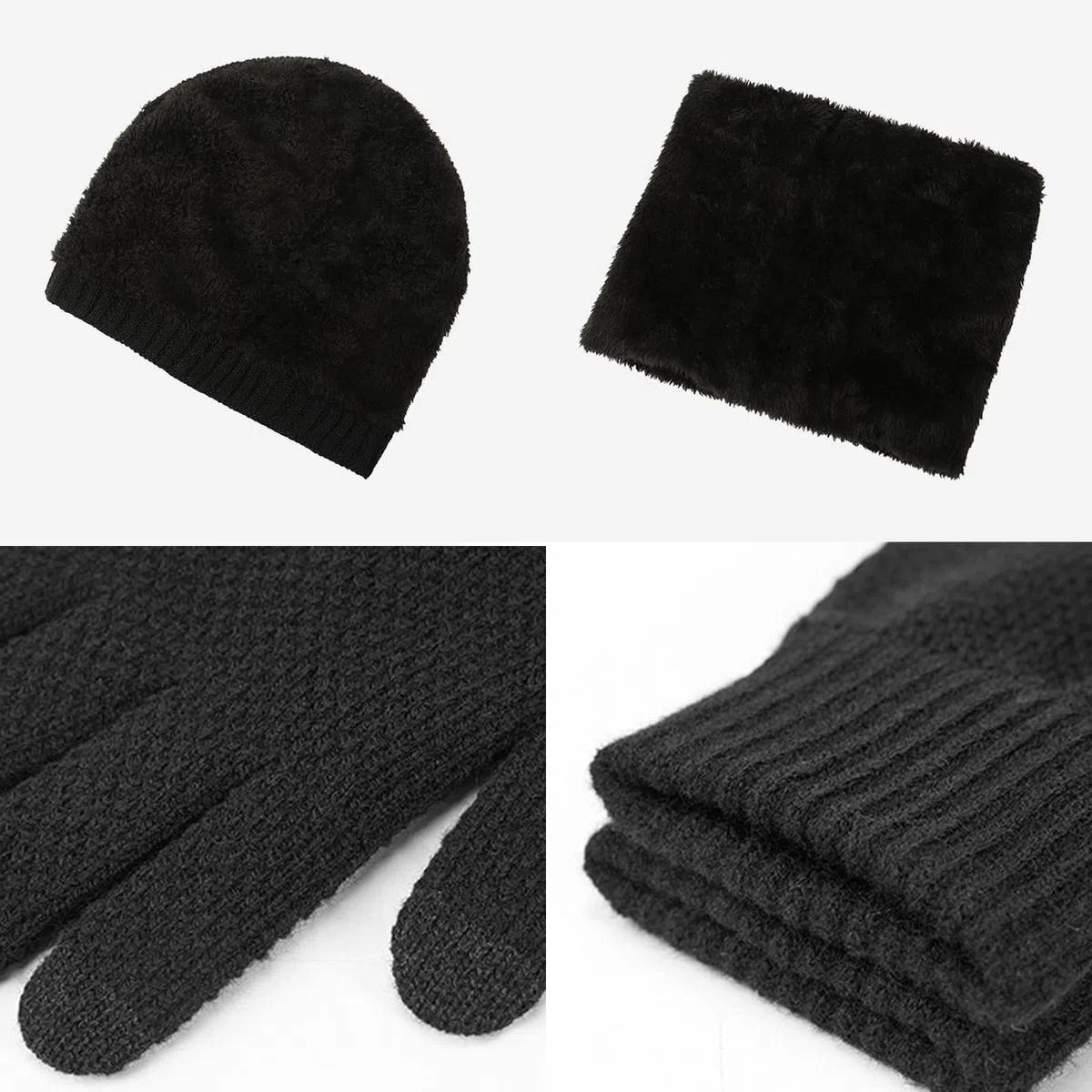 Nero Set Sciarpa e Cappello Uomo Donna, Elastico Set Guanti Cappello e Sciarpa, Inverno Berretto + Moda Scaldacollo + Guanti per Touchscreen, Classico Set di Guanti per Cappello