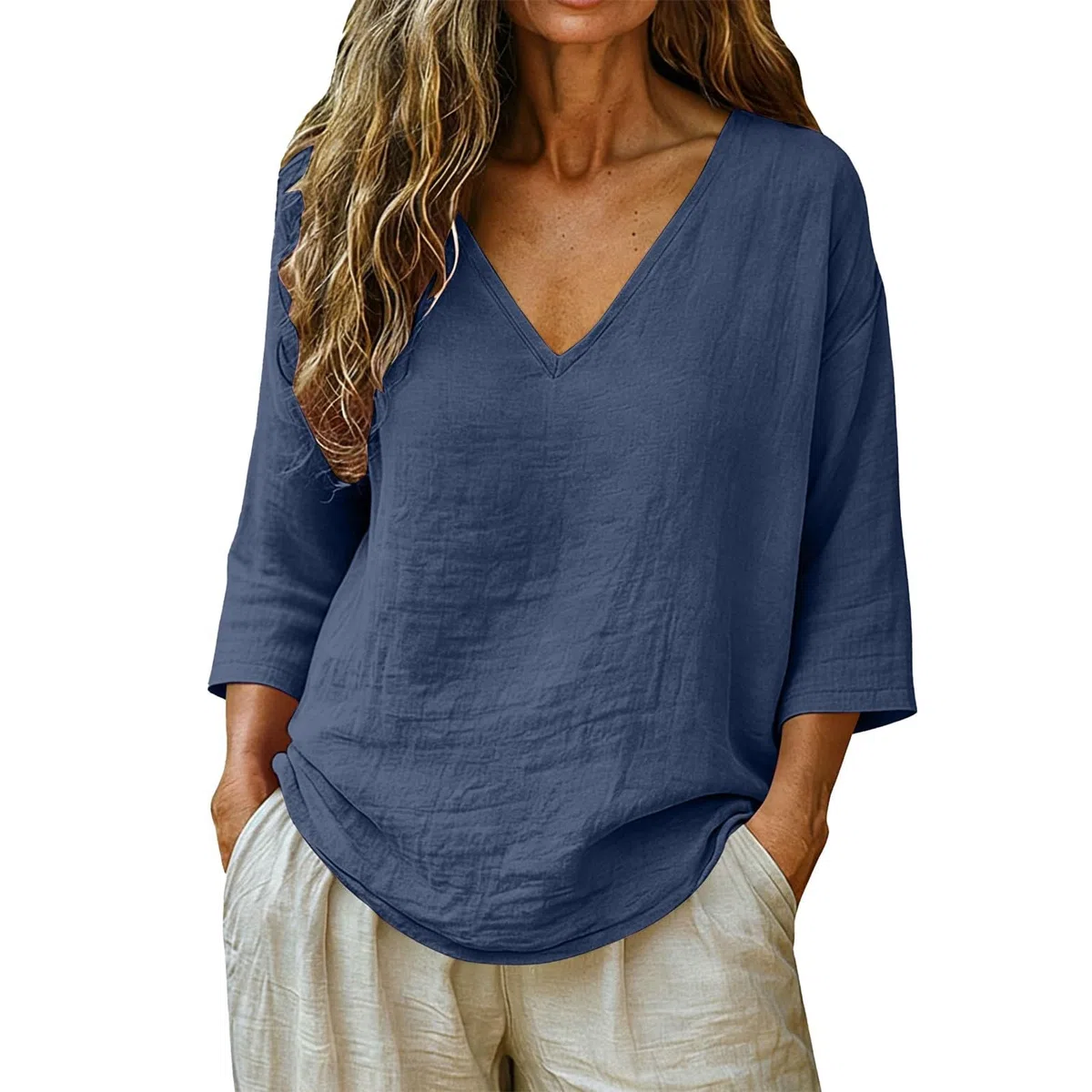 Magliette Donna Manica Corta 3/4 Lino Cotone Scollo a V Camicette Elegante Camicia Donna Estiva Curvy Blusa Leggera e Comode Casual Maglia Donne Maglietta Versatile Traspirante Abbigliamento Oversize