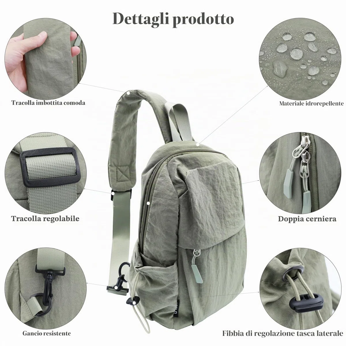 Zaino Monospalla, Borsa da Petto Regolabile, Sling Bag Zainetto Tracolla Borsa a Spalla Piccolo Borsello Tracolla Crossbody Bag Viaggio Sportivo Ciclismo Passeggiate per Uomo Donna (Verde)