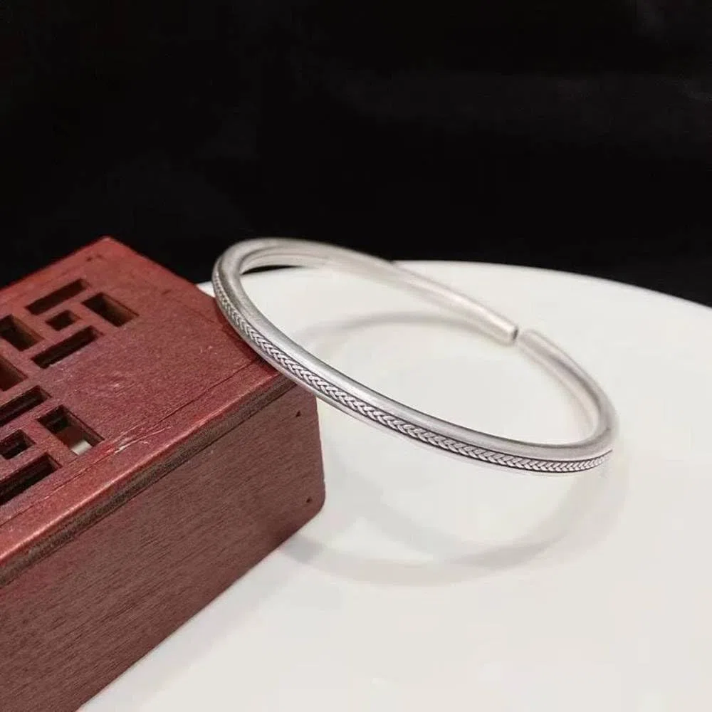Bracciale Rigido in Argento 999 Bracciale in Corda di Canapa Donna retrò Solido Giovane Personalizzato Bastone Rotondo Bracciale in Argento Moda Bracciale 001