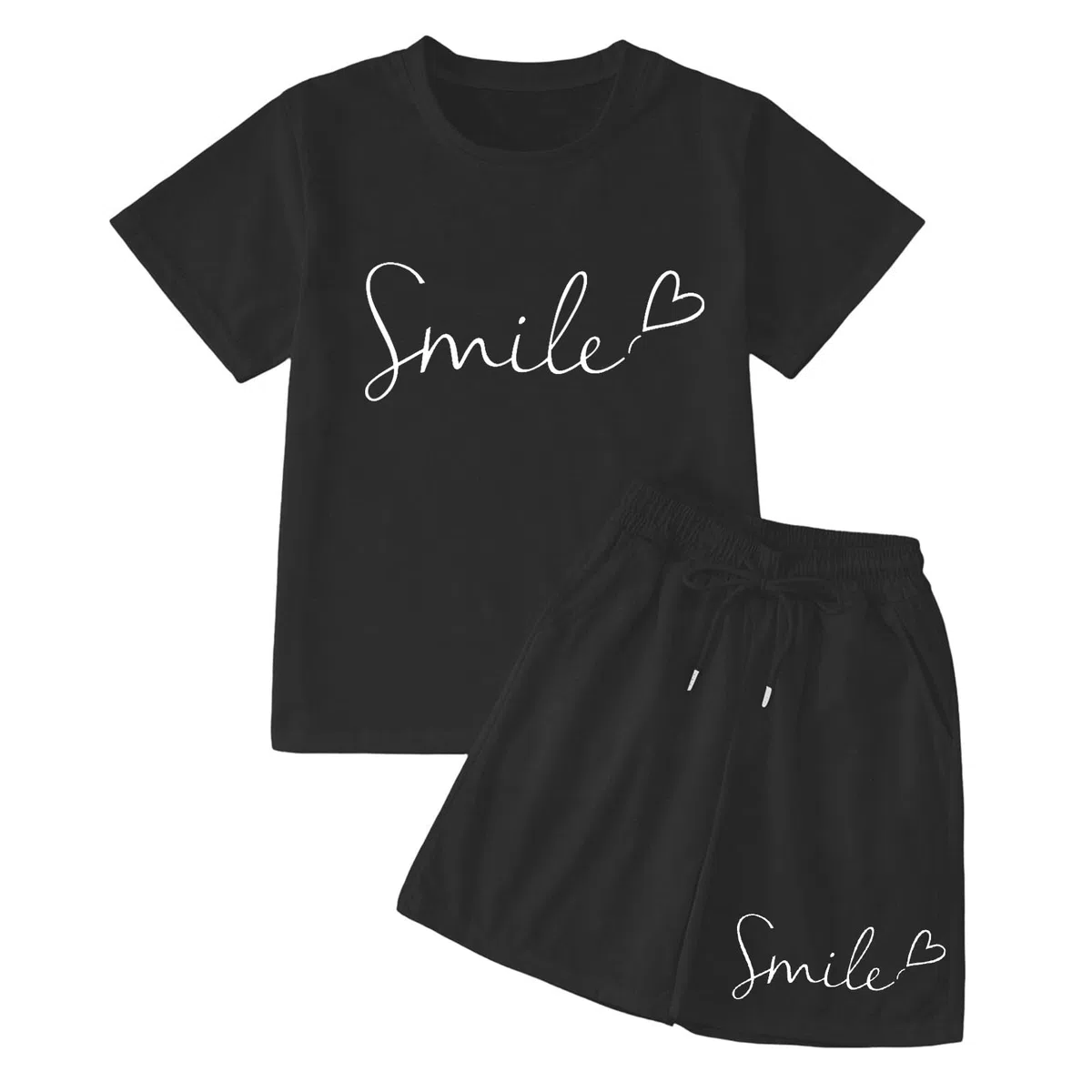 Generico Completo Bambina 2 Pezzi Maglietta Manica Corta e Pantaloncini Corti Set Estivo Ragazza Tuta Sportiva Casual con Scritta Smile Look Moderno e Dinamico per Tempo Libero