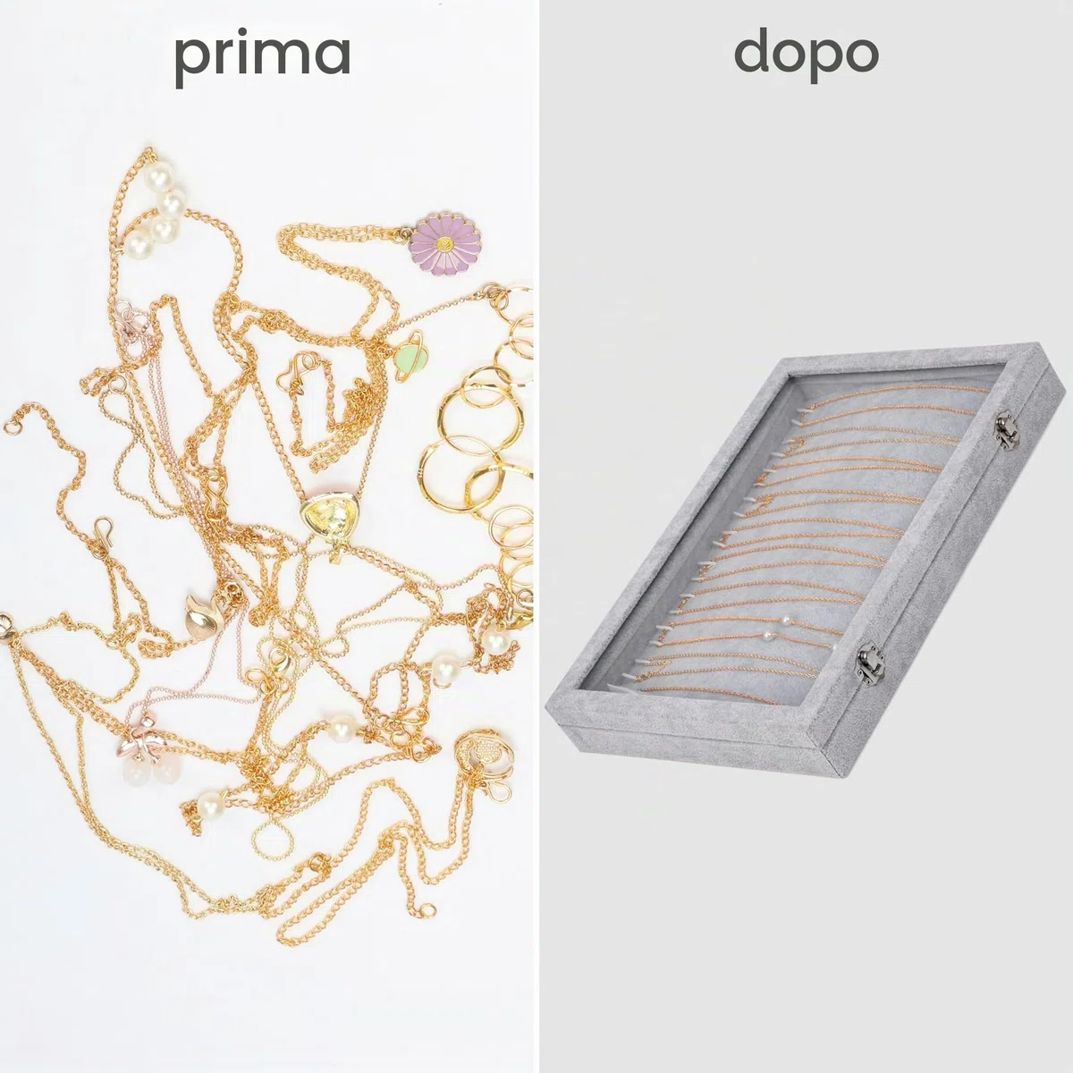 BELLE VOUS Porta Collane da Tavolo Espositore Gioielli Velluto Grigio - 20 Ganci e Coperchio in Vetro Chiusura a Chiave - Porta Gioielli Donna Impilabile - Espositore Collane, Orecchini e Bracciali